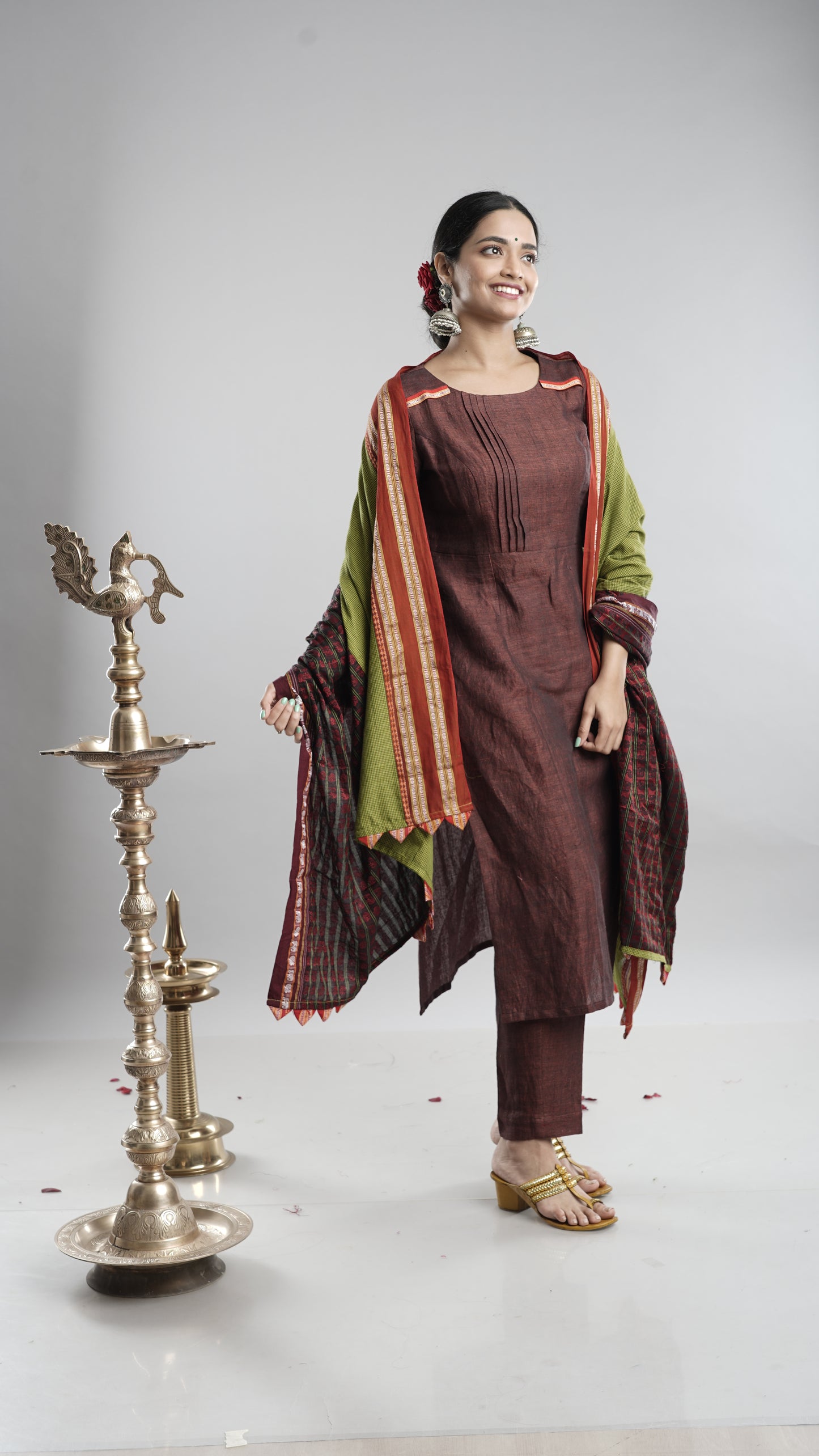 Linen Kurta Pant Dupatta Set-Brown