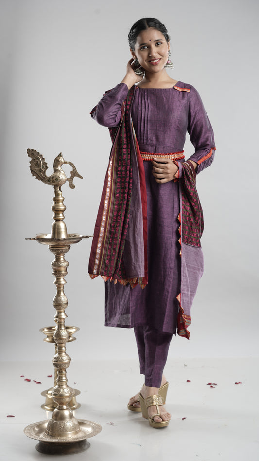 Linen Kurta Pant Dupatta Set- Purpule