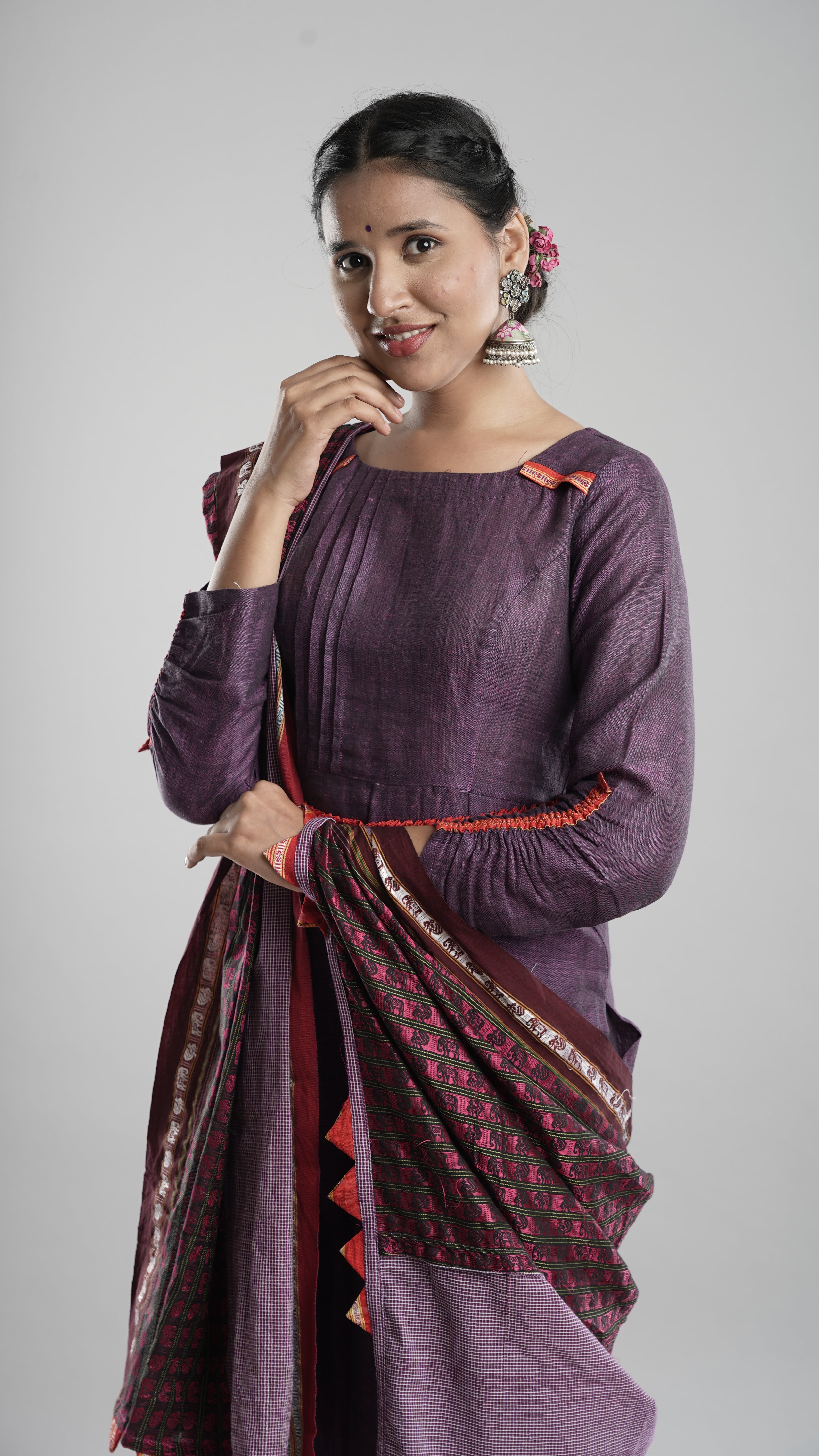 Linen Kurta Pant Dupatta Belt Set- Purple
