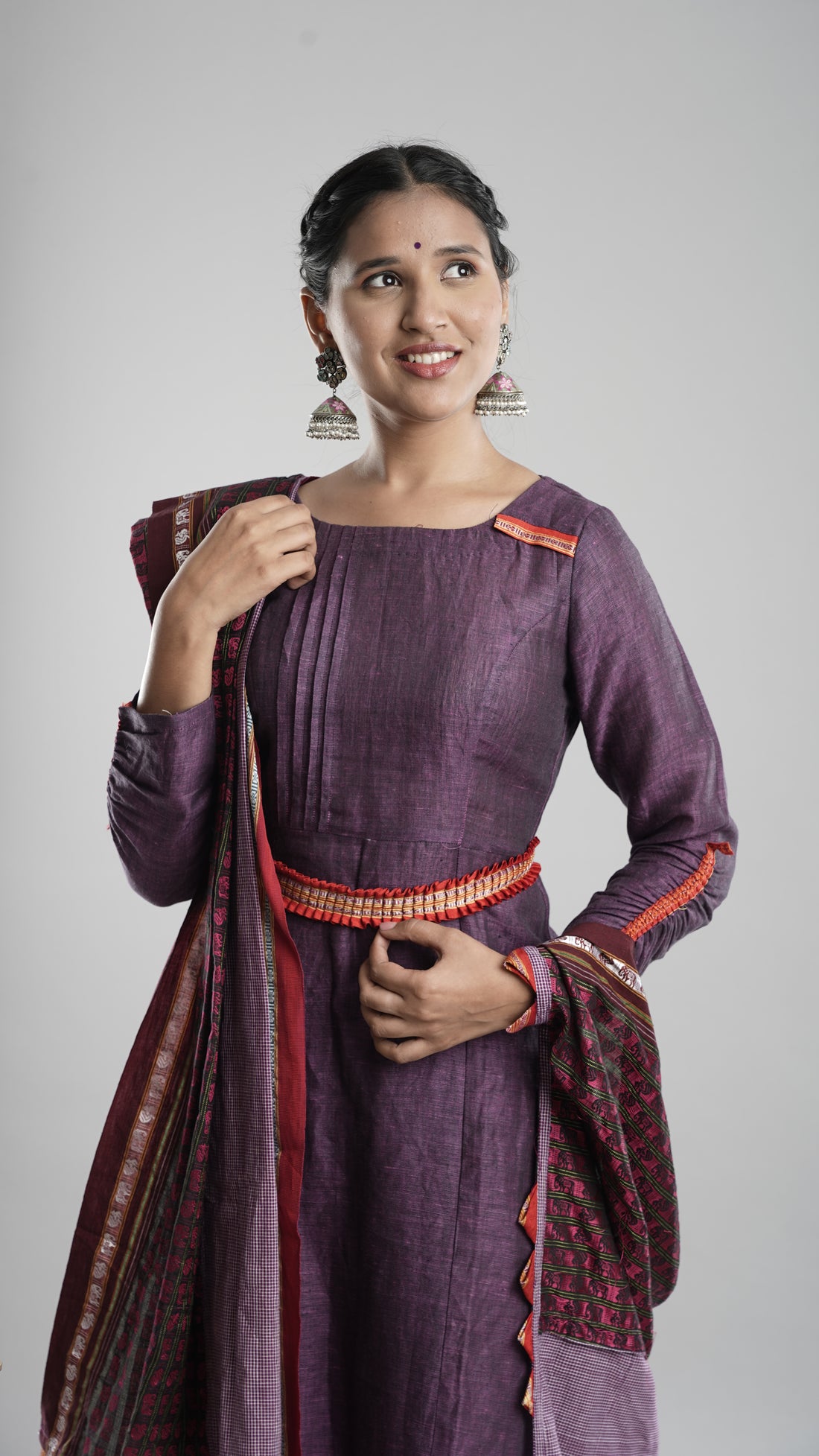 Linen Kurta Pant Dupatta Belt Set- Purple