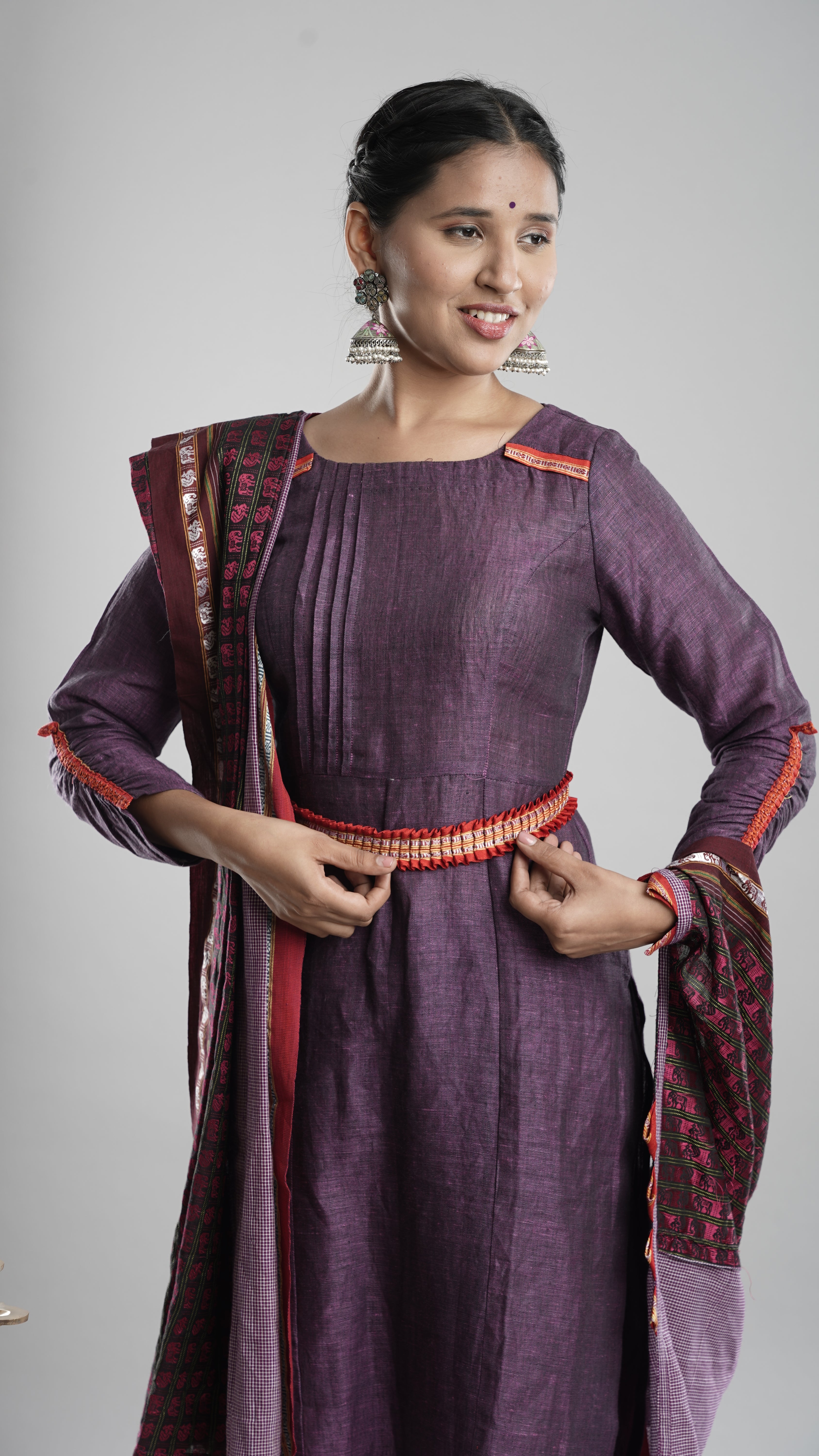 Linen Kurta Pant Dupatta Belt Set- Purple