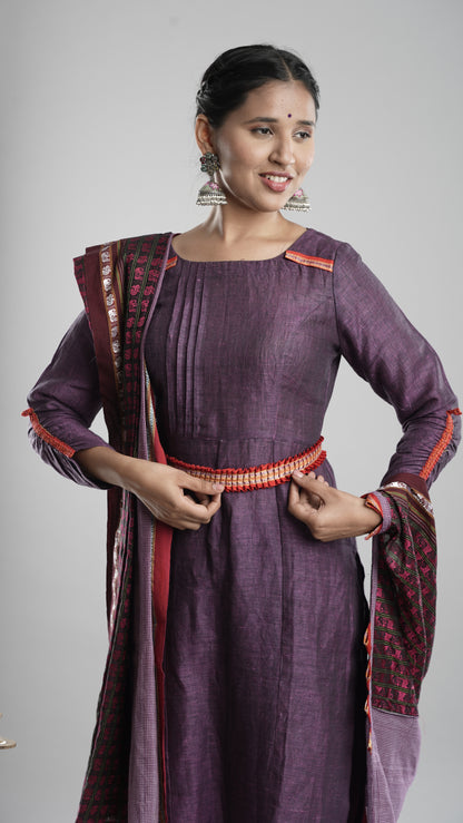 Linen Kurta Pant Dupatta Set- Purpule