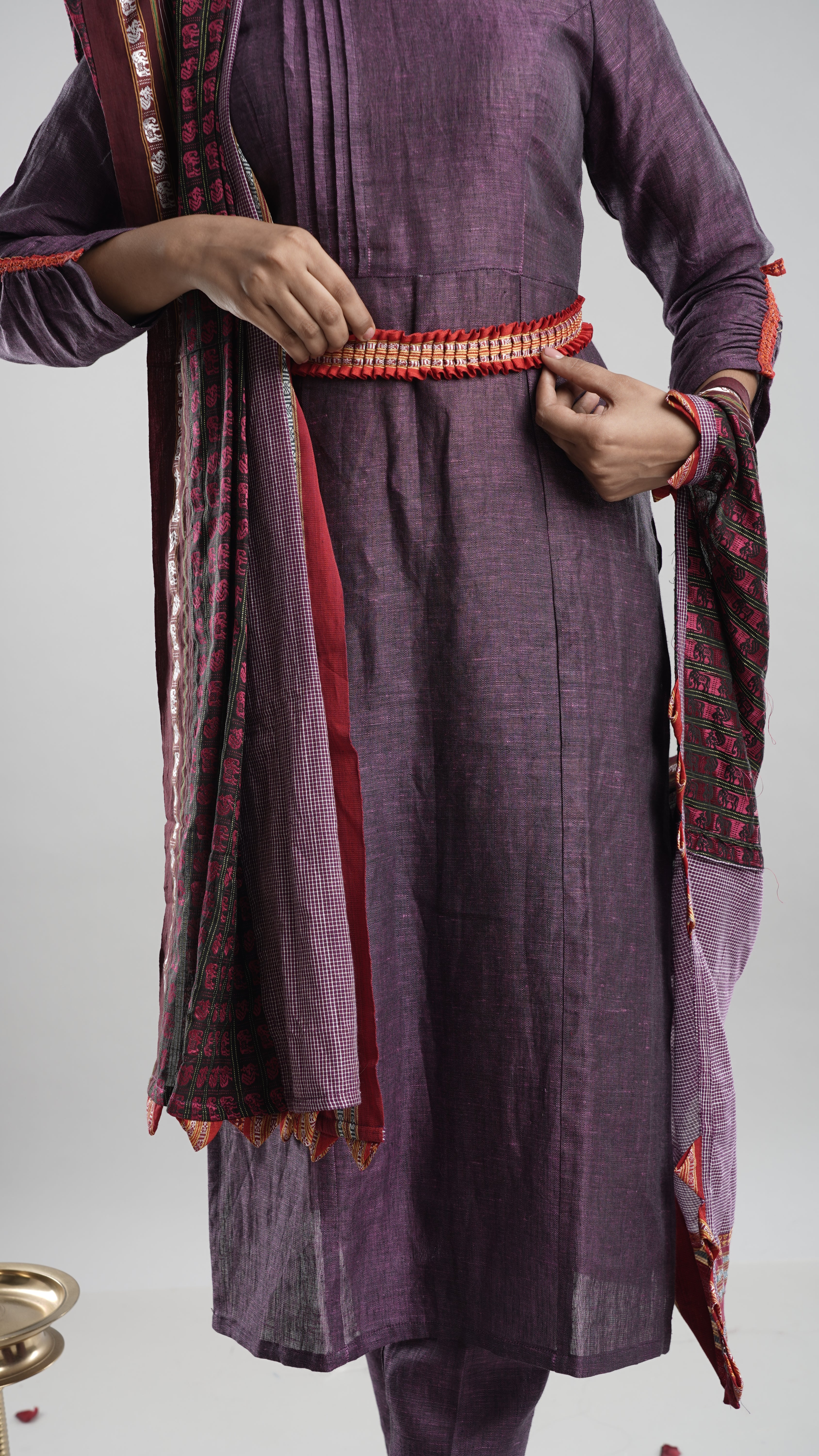 Linen Kurta Pant Dupatta Belt Set- Purple