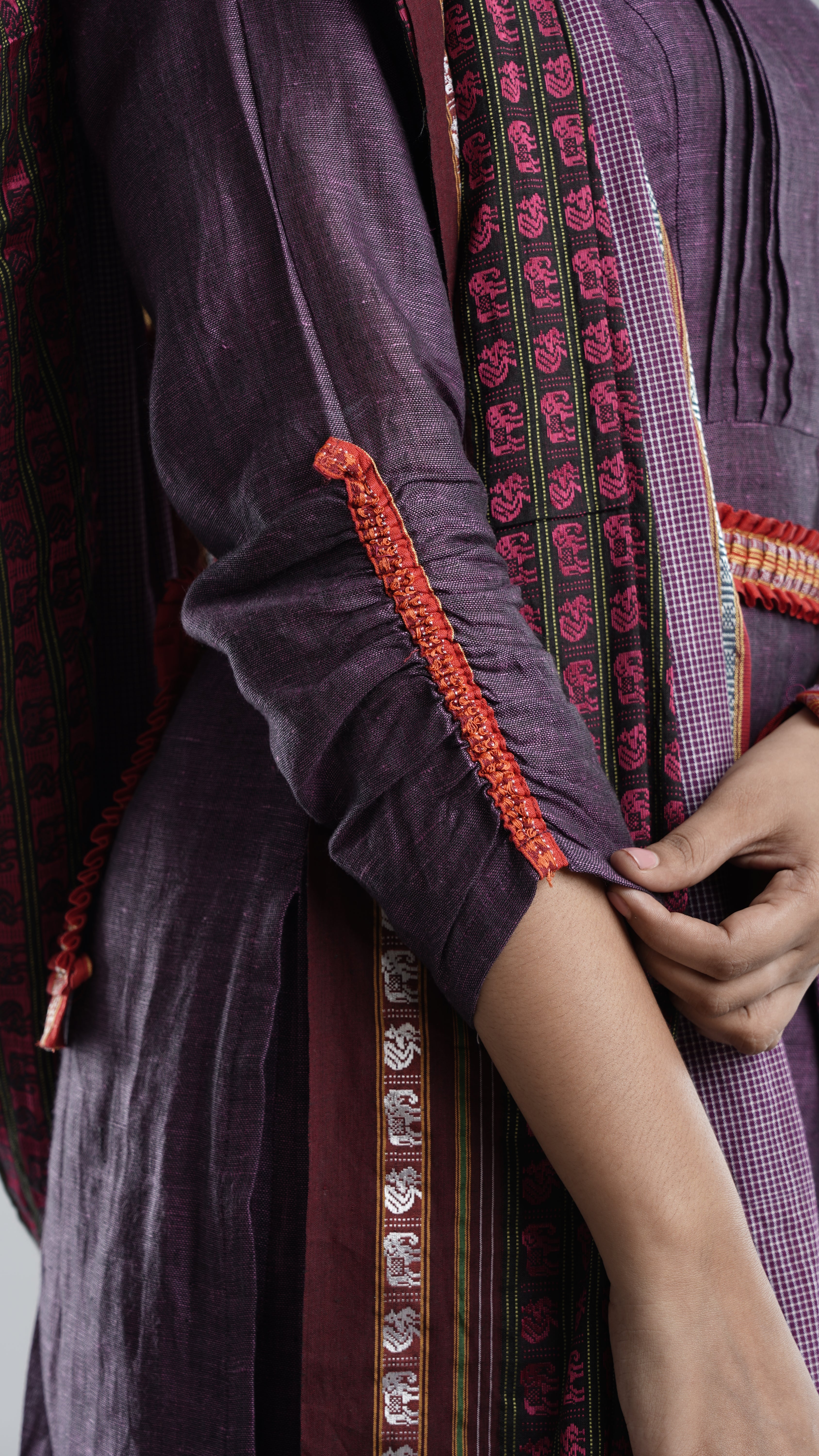 Linen Kurta Pant Dupatta Belt Set- Purple