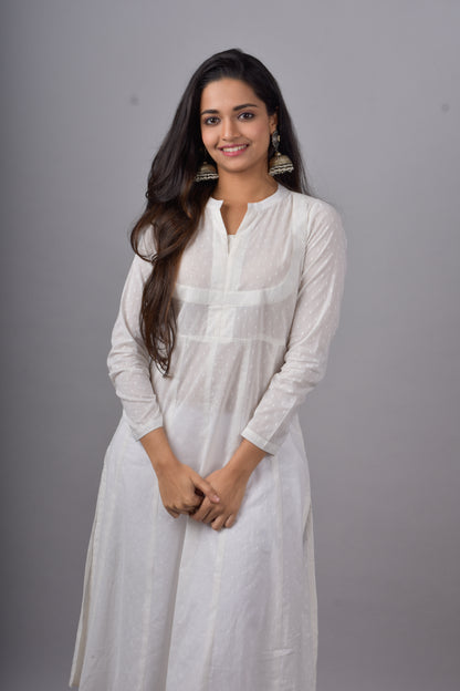 Mulmul Cotton Kali Kurta- White