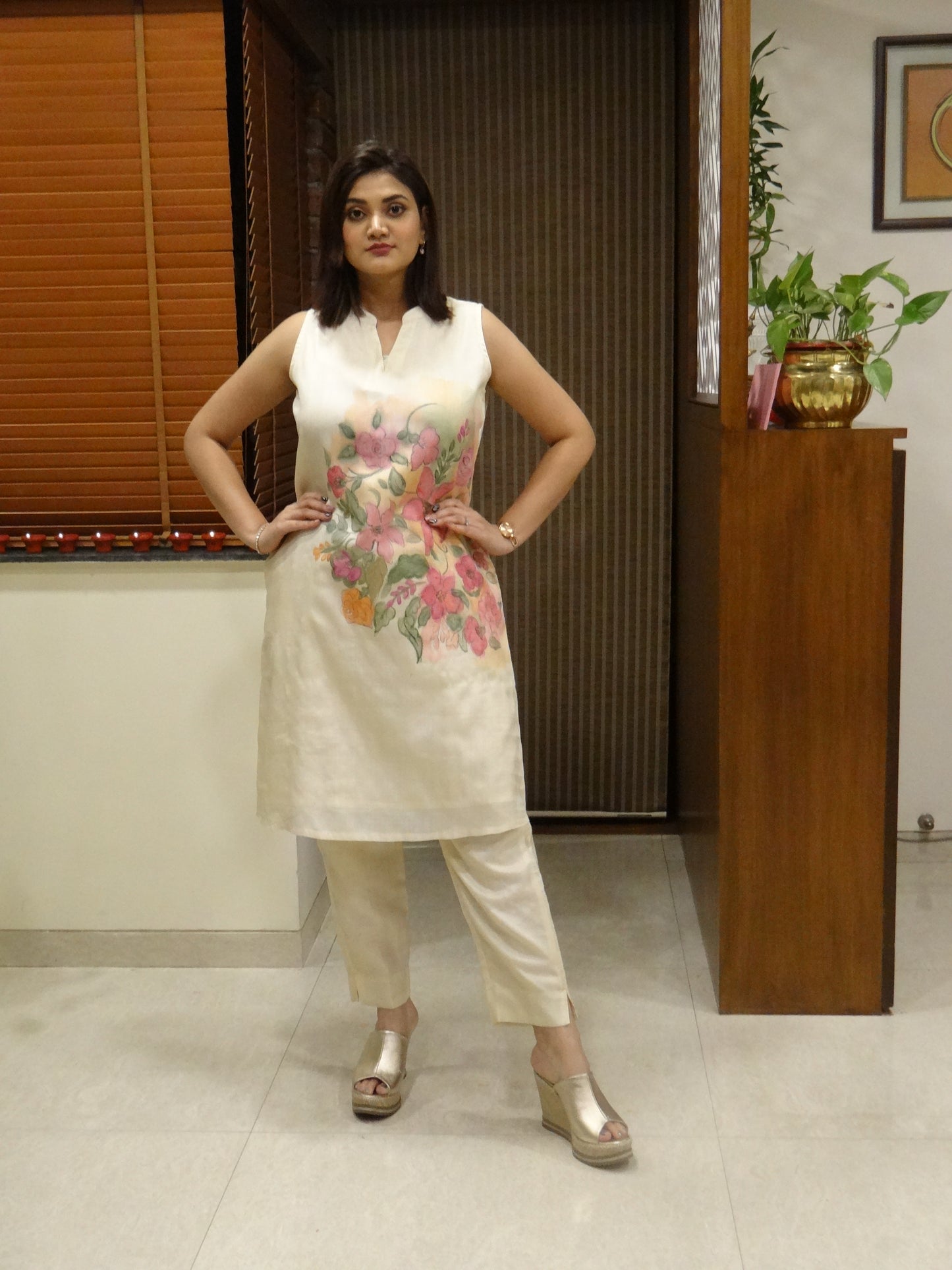 Tussar Silk Hand Painted Kurta Cum Dress