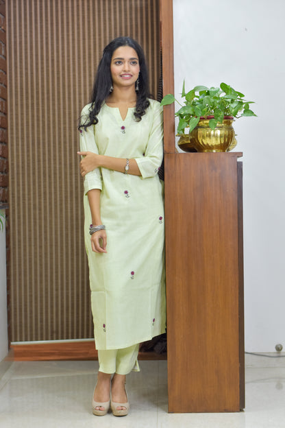 Round Neck Hand Embroidered Straight-fit Kurta Pant Set