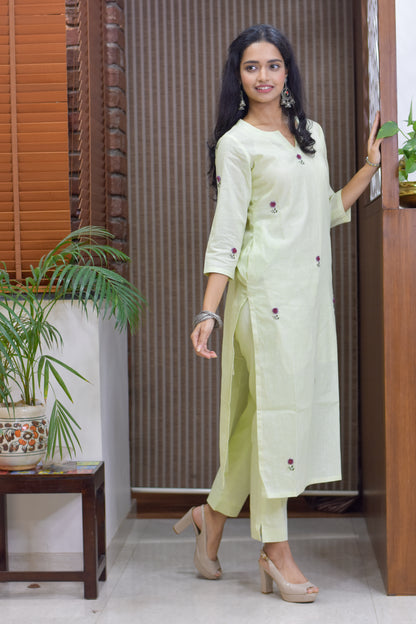 Round Neck Hand Embroidered Straight-fit Kurta Pant Set