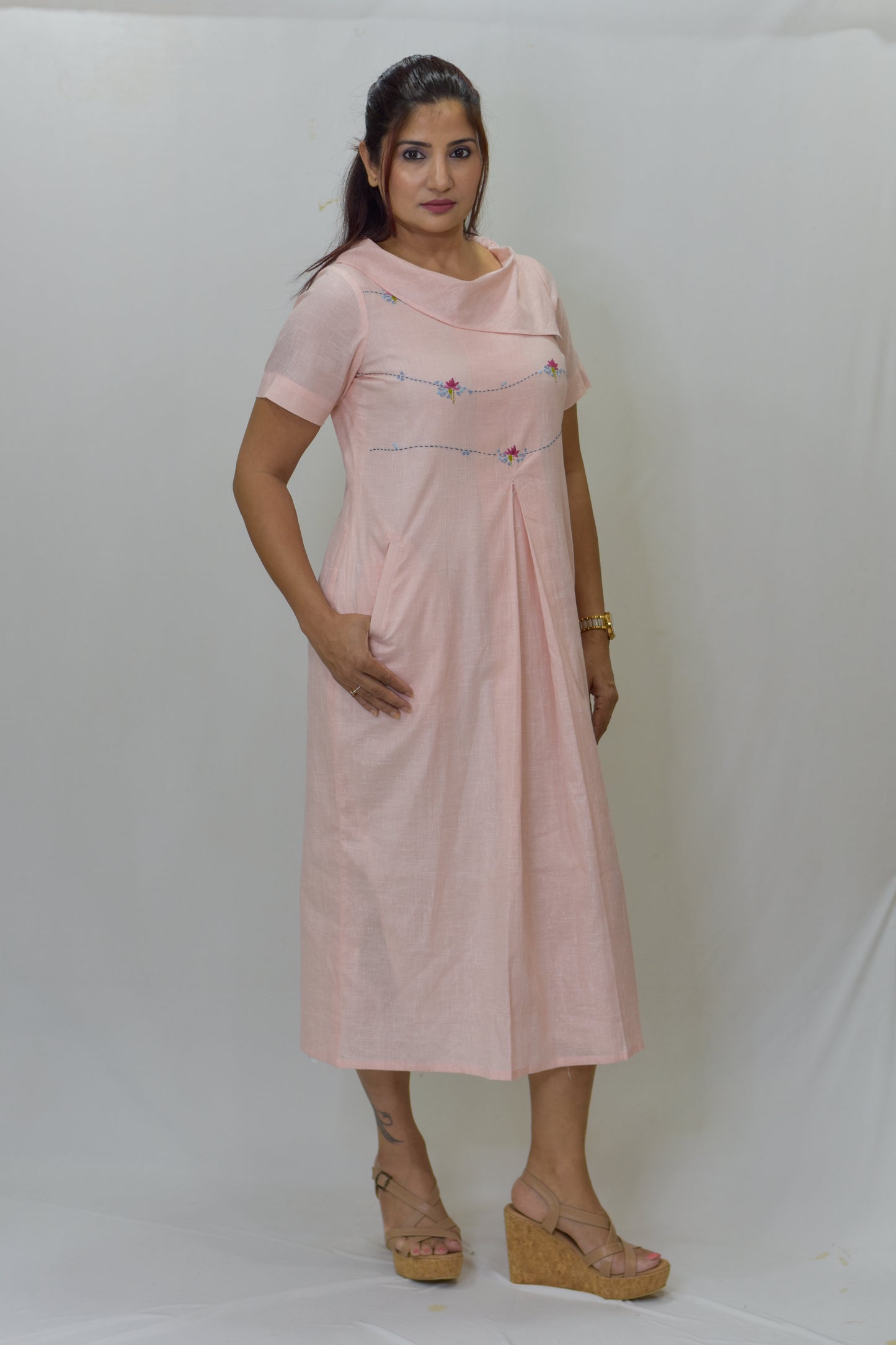 Flap neck box Pleated Dress