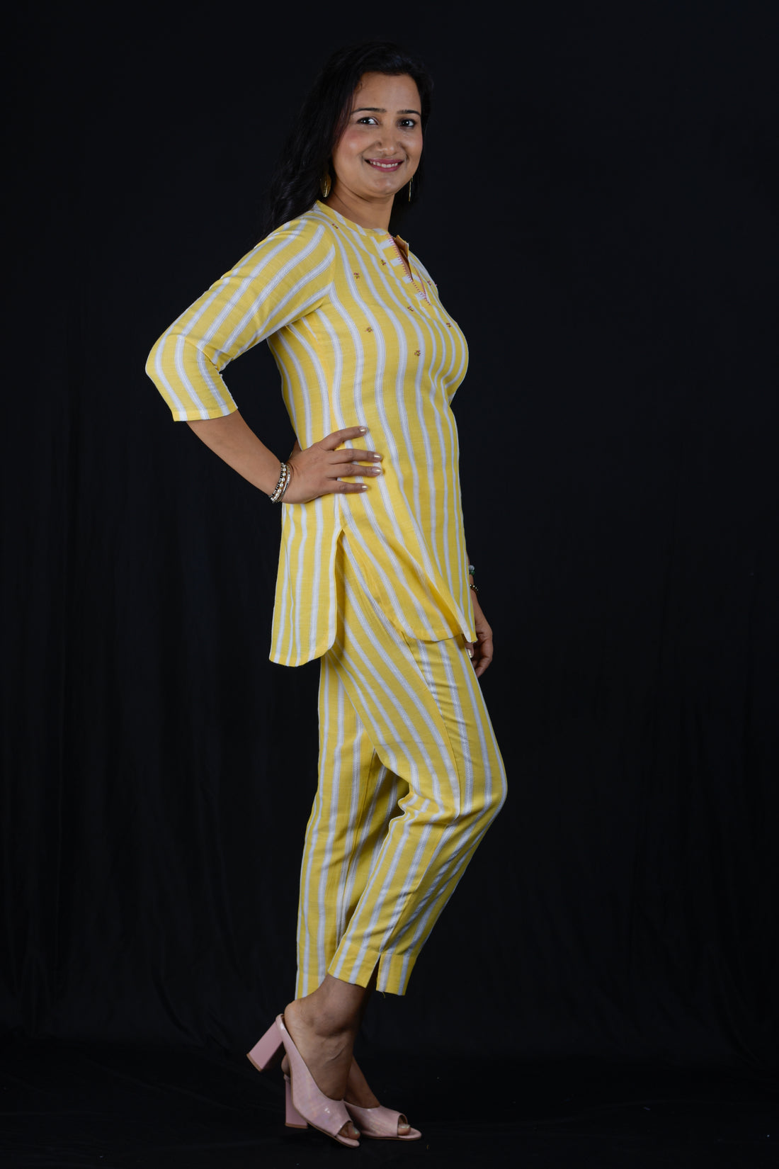 Striped Co-ord Set With Short Top- Yellow