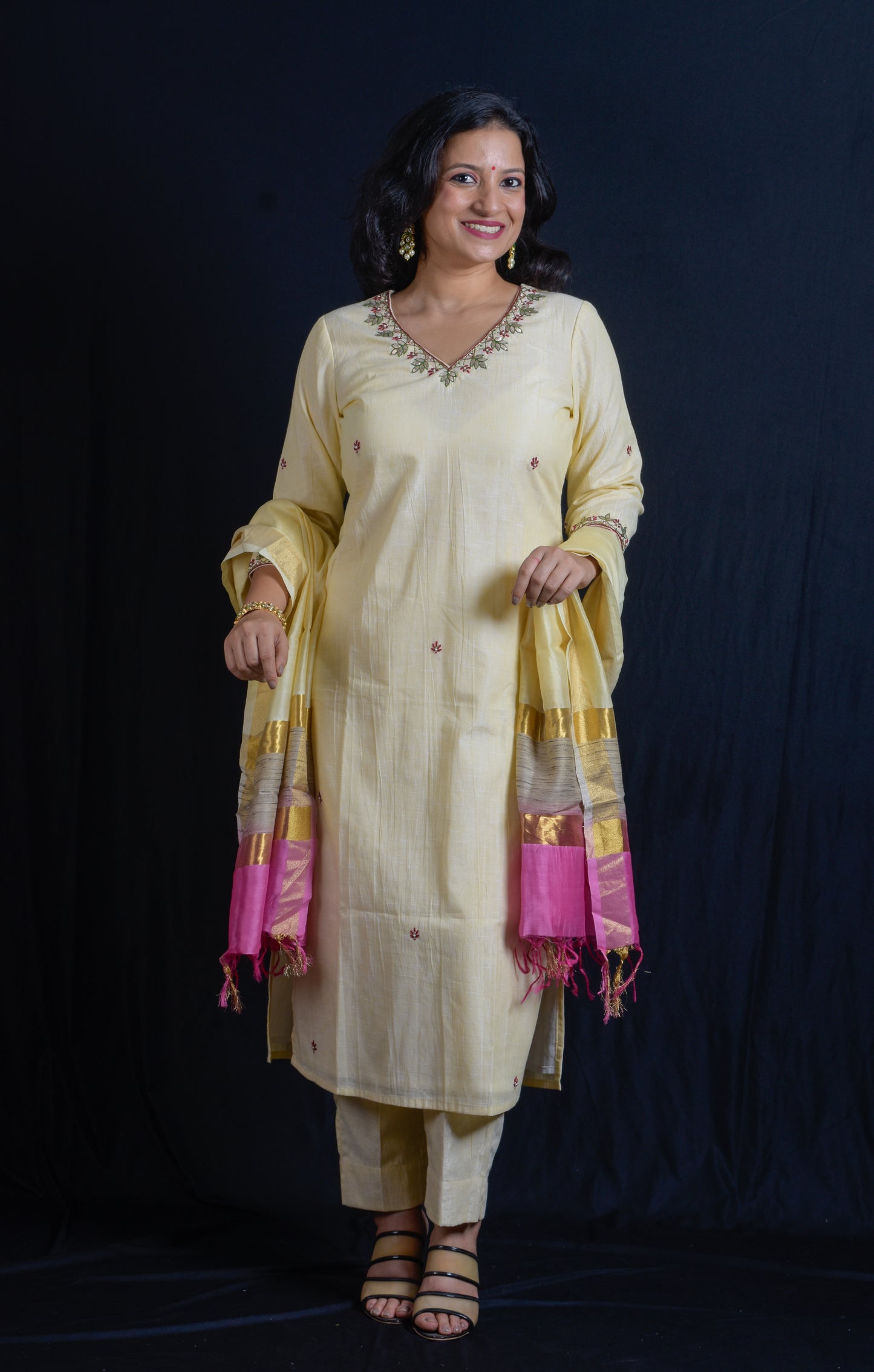 V Neck Embroidered Kurta Pant Set