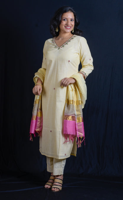 V Neck Embroidered Kurta Pant Set