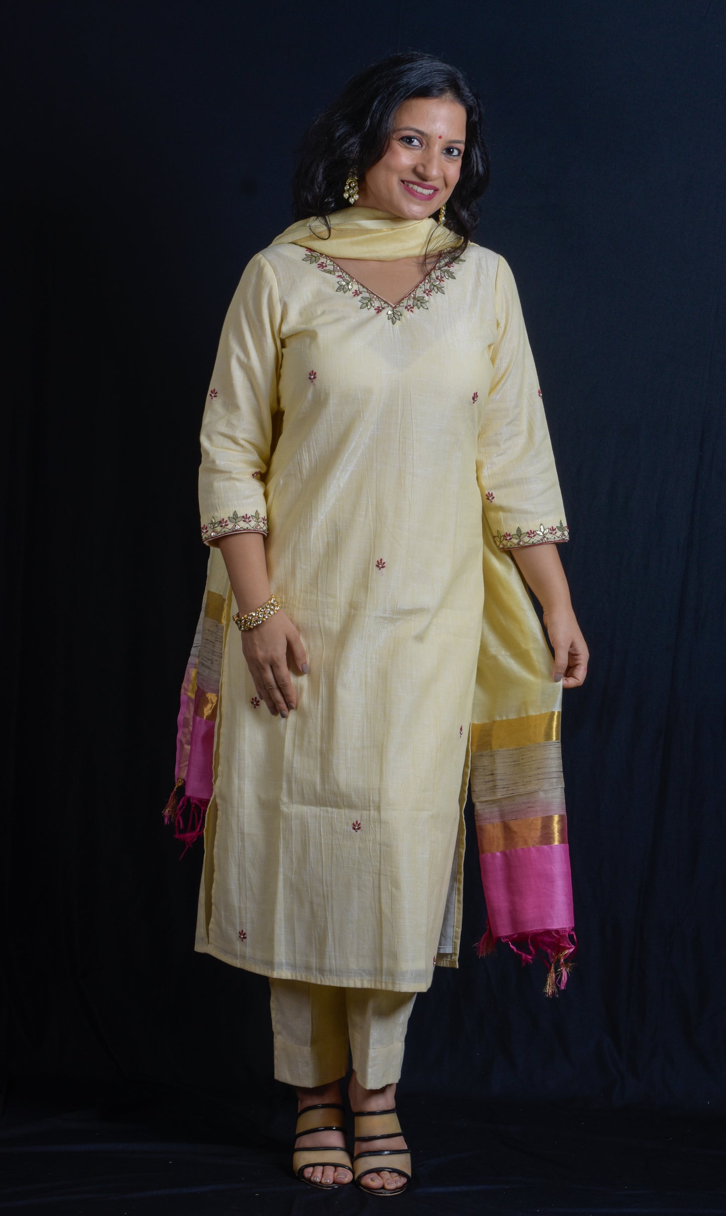 V Neck Embroidered Kurta Pant Set