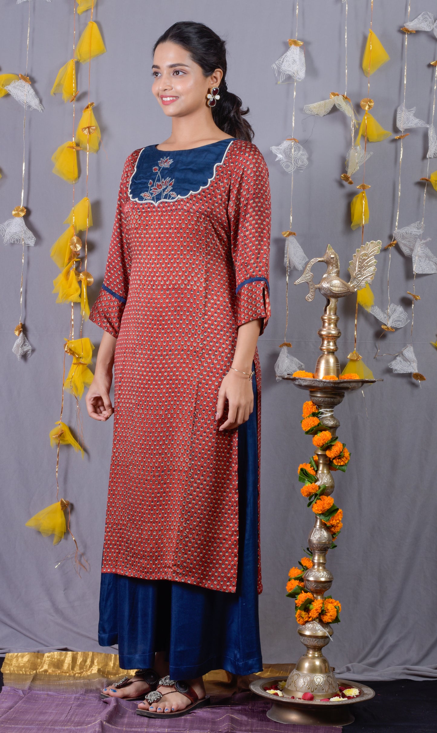 Modal silk Embroidered Patch Kurta Pant