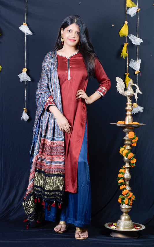 Modal Silk Temple Embroidered Kurta Pant