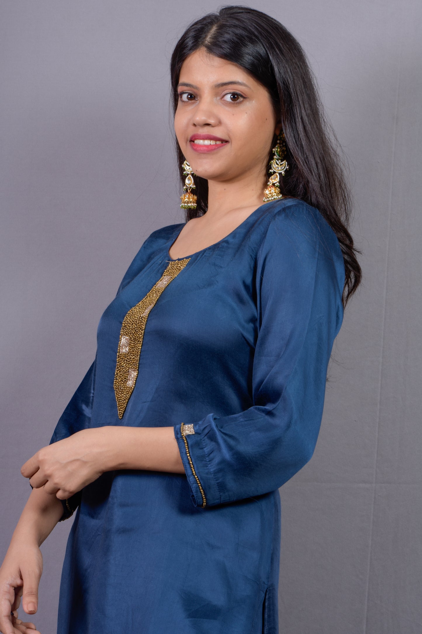 Modal silk Kadhana Work Blue Kurta Pant