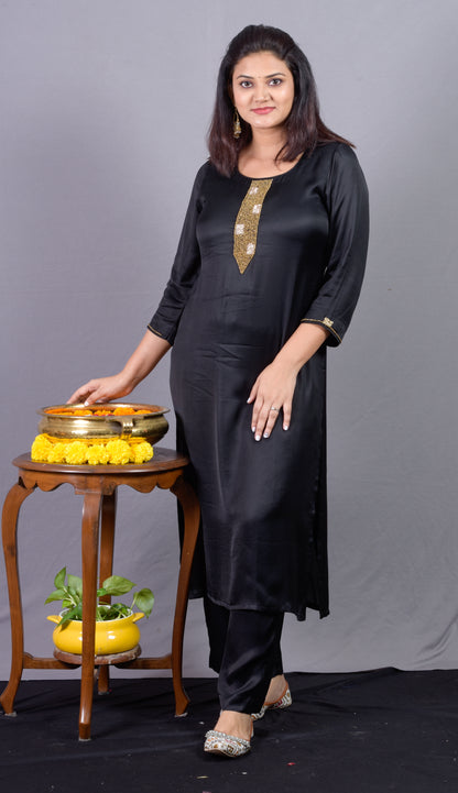 Modal Silk Kadhana Work Black Kurta pant set