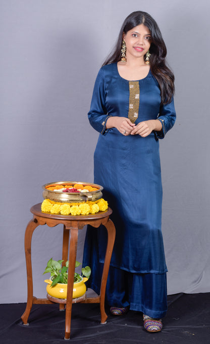 Modal silk Kadhana Work Blue Kurta Pant