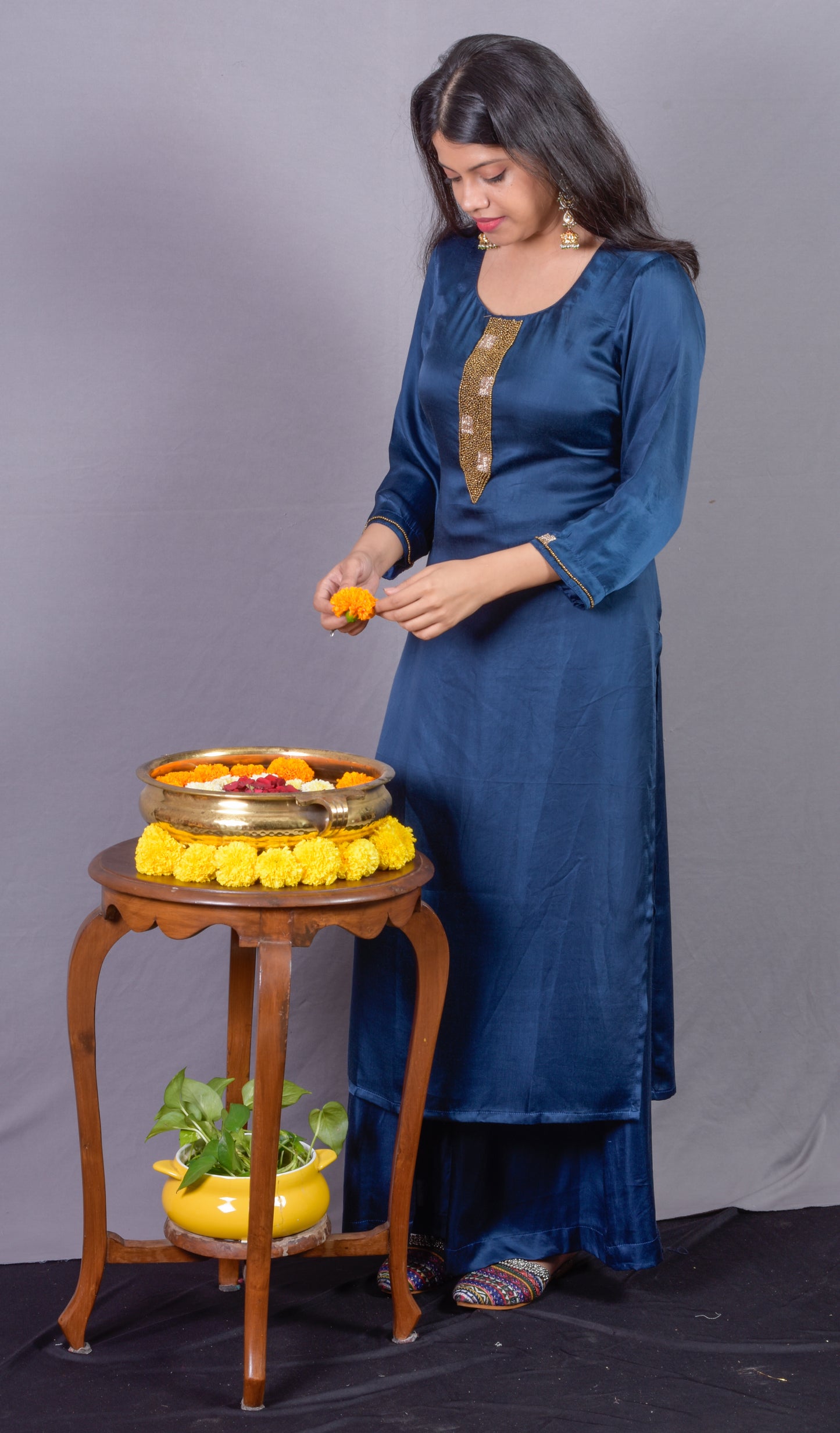 Modal silk Kadhana Work Blue Kurta Pant