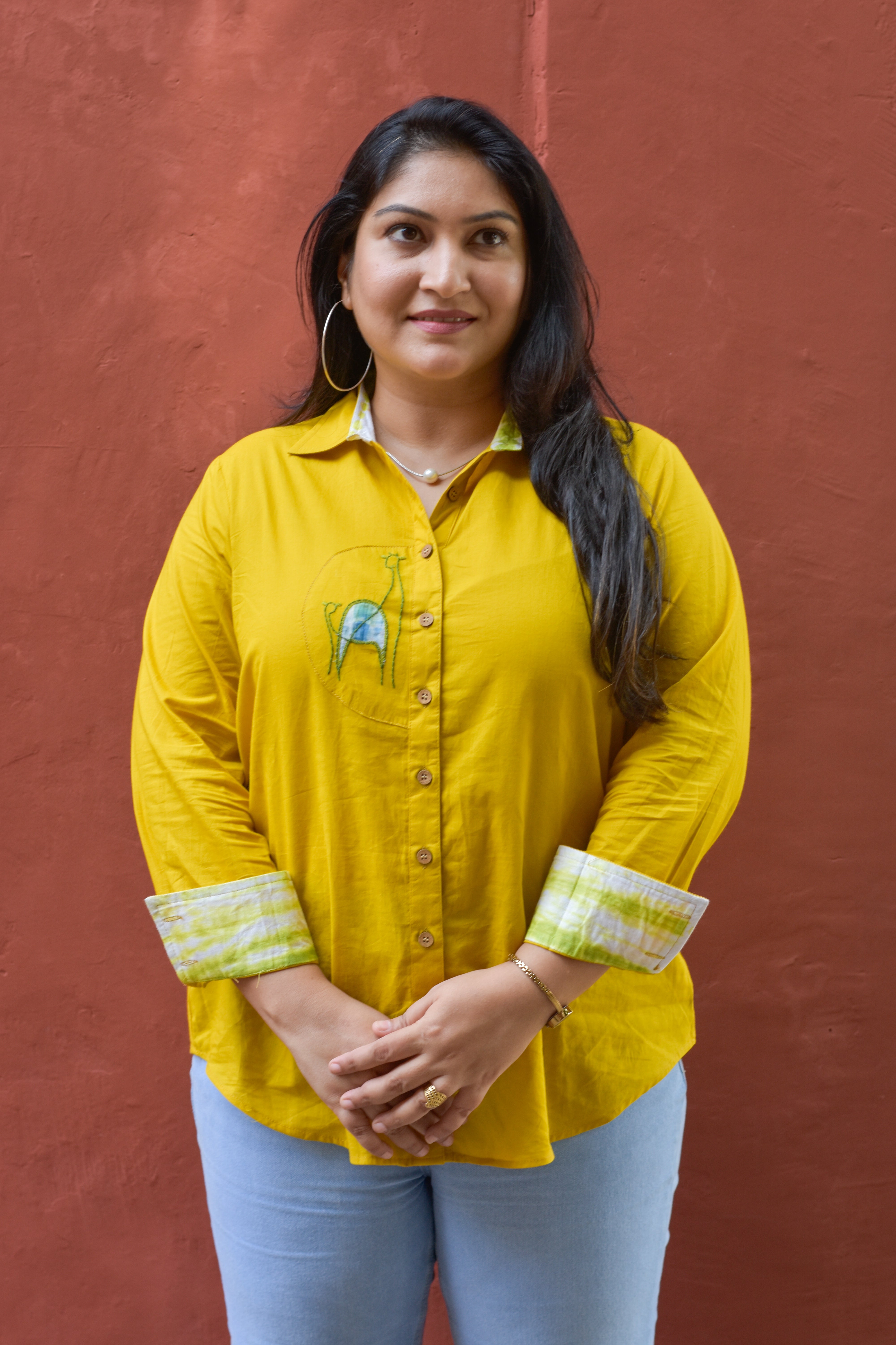 Giraffe Patch Work Embroidered Shirt - Yellow