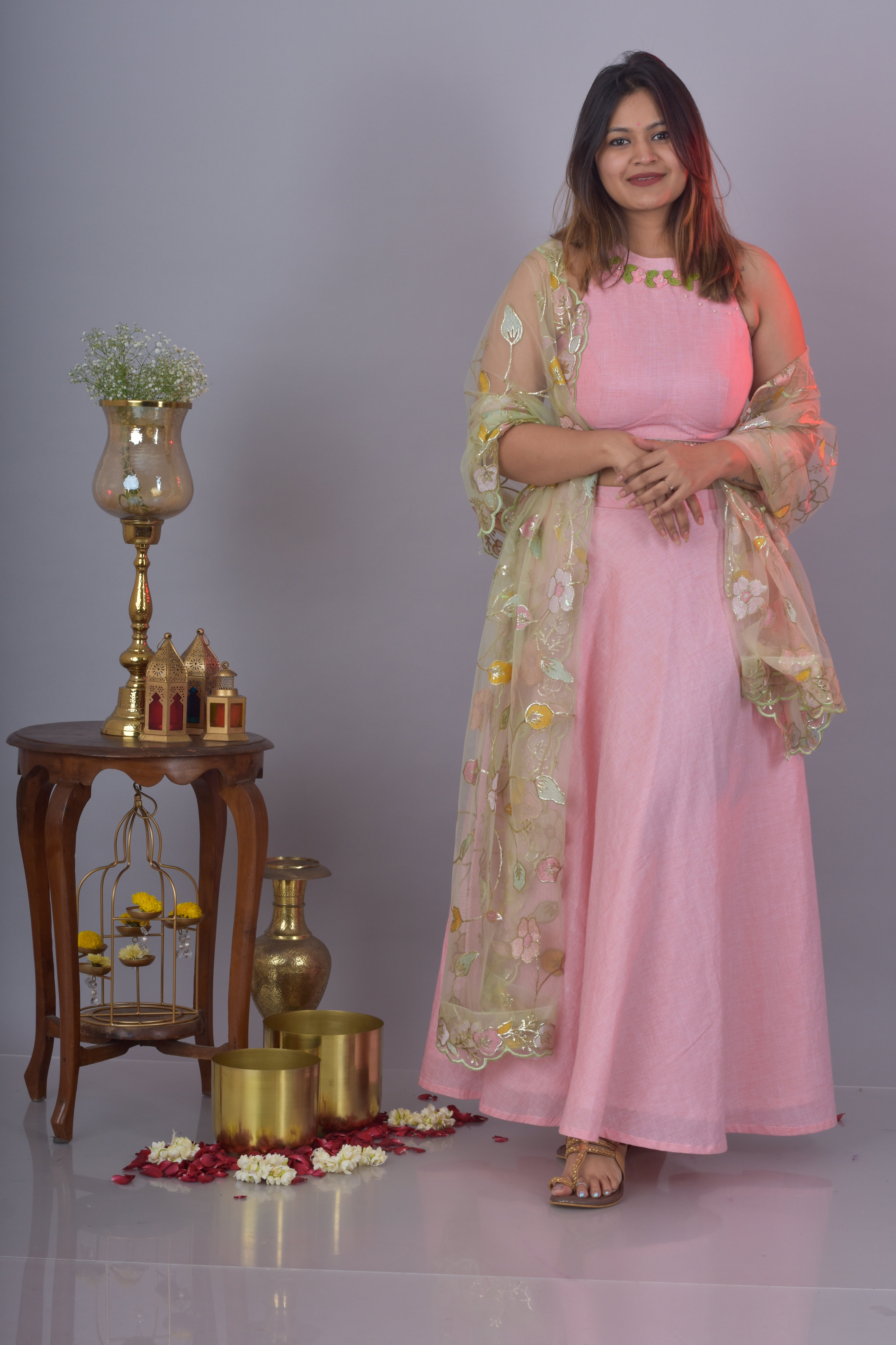 Lehenga And Halter Neck Top- Pink