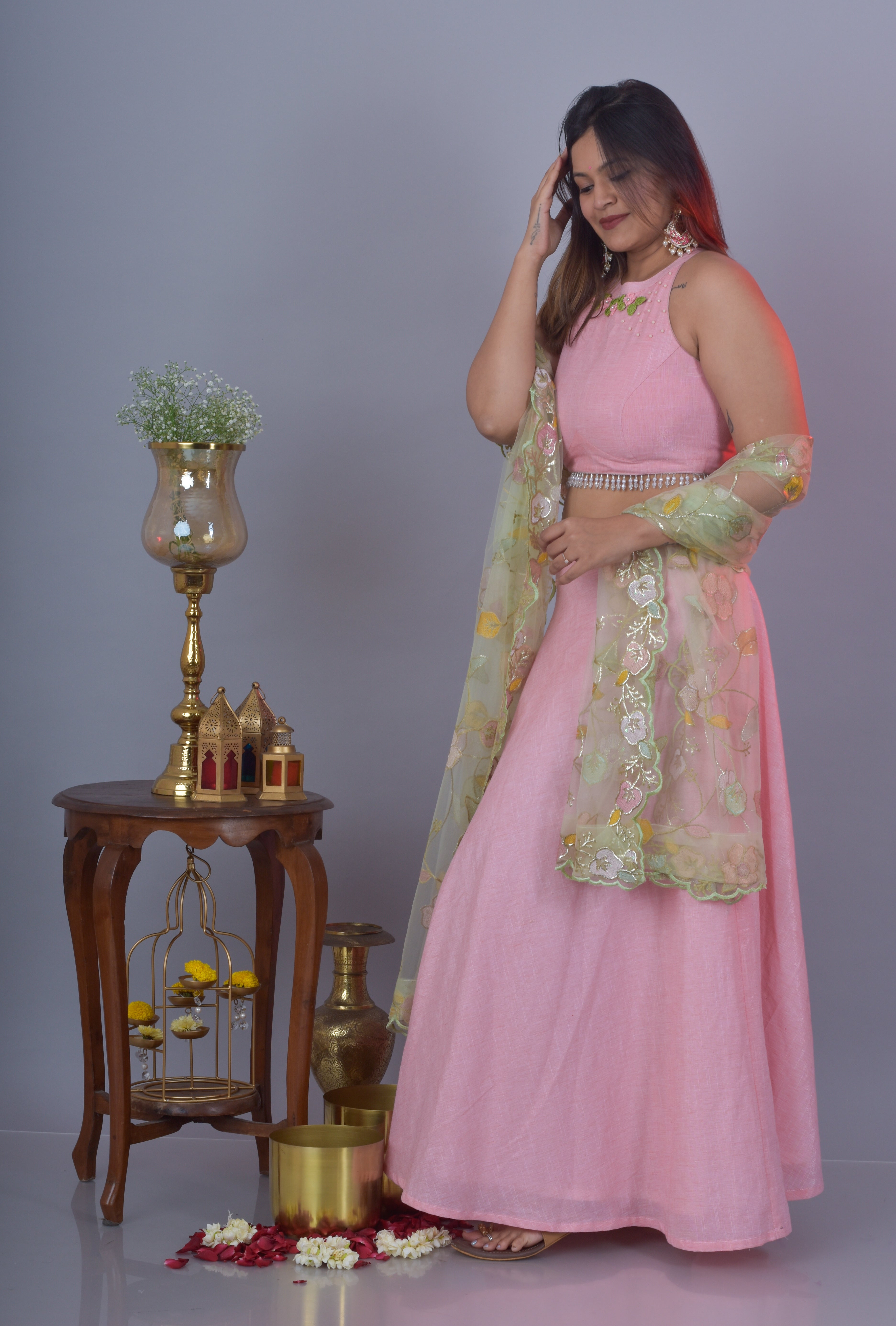 Lehenga And Halter Neck Top- Pink