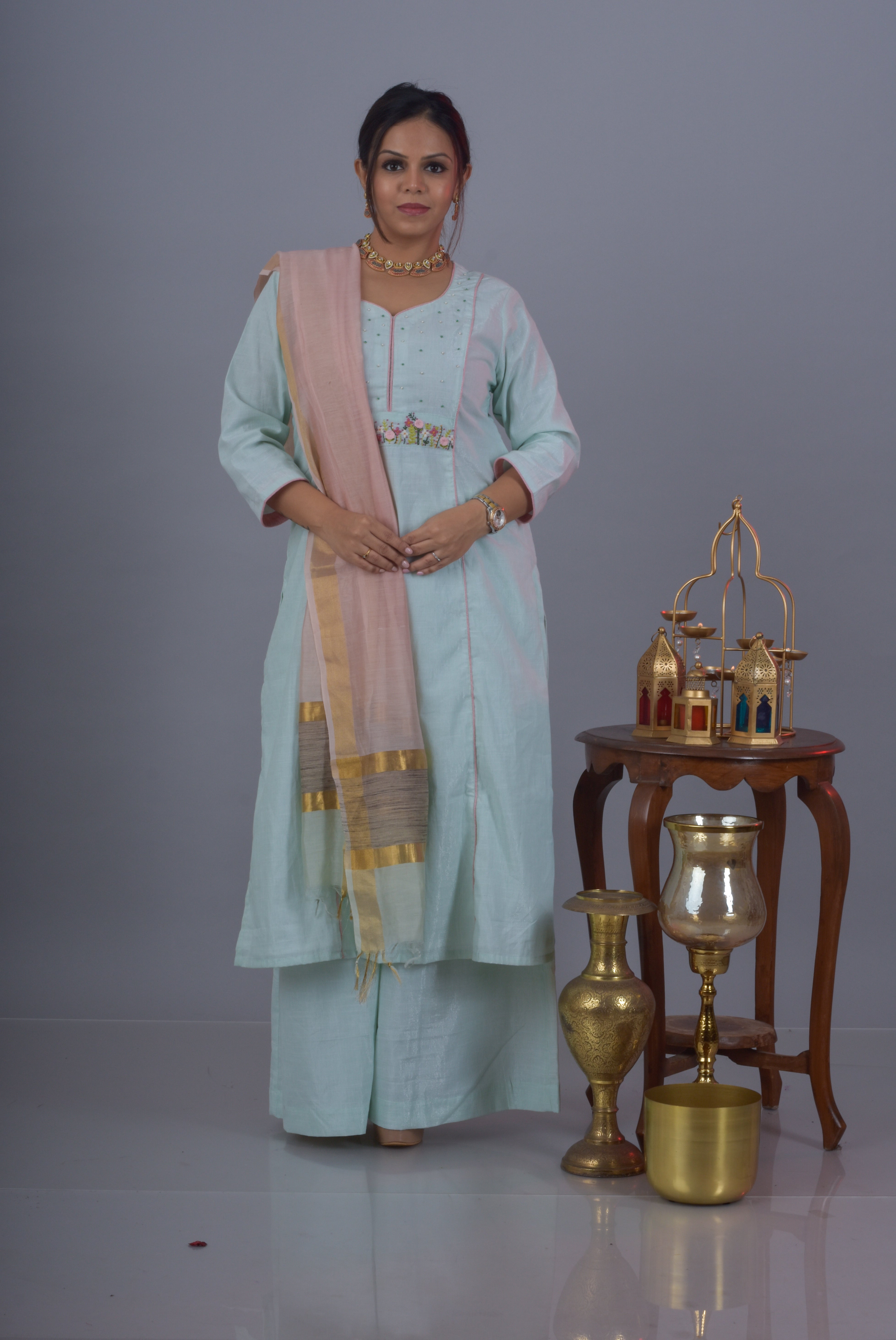 Yoke Embroidered Kurta Pant Dupatta Set