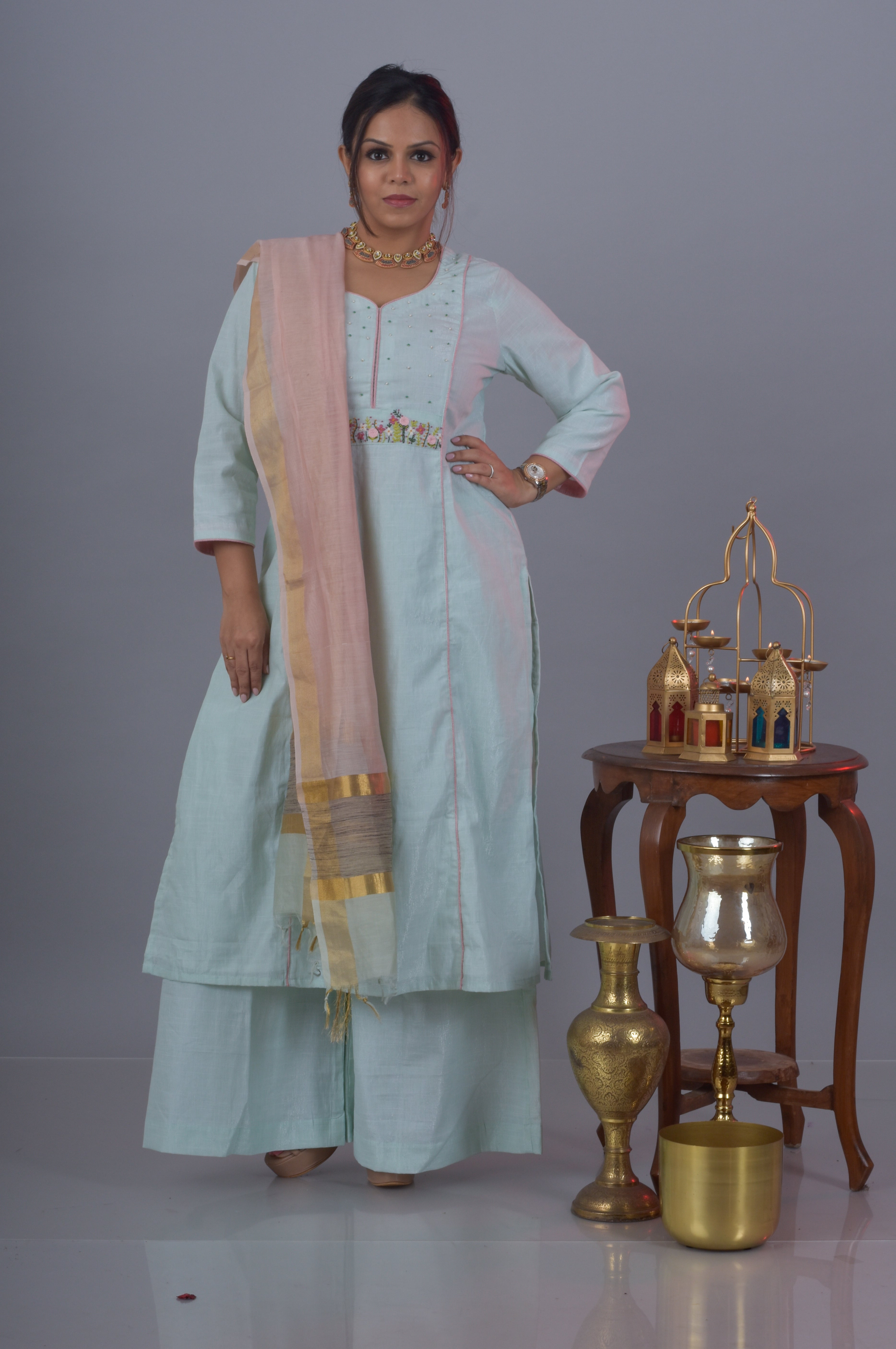 Yoke Embroidered Kurta Pant Dupatta Set