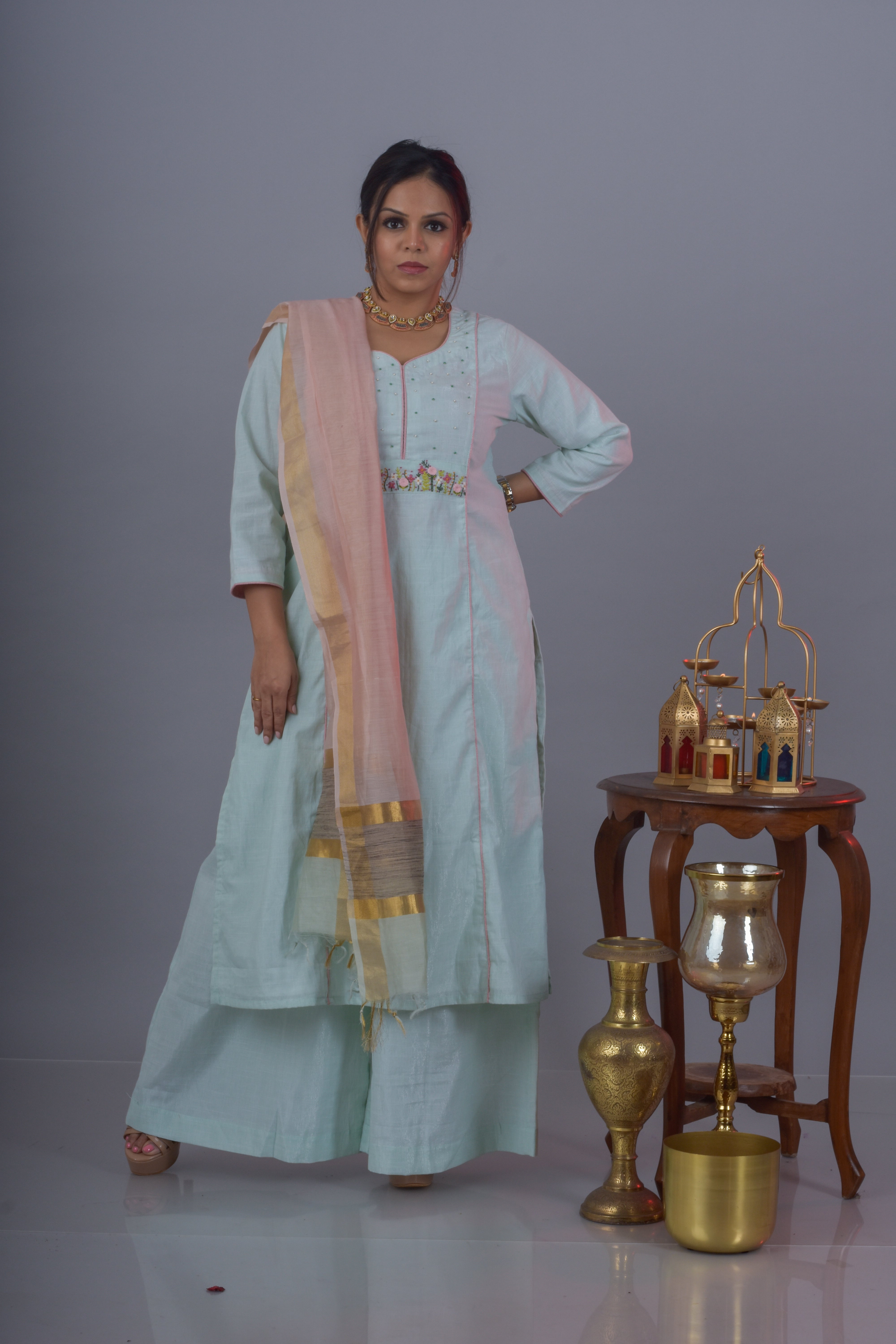 Yoke Embroidered Kurta Pant Dupatta Set