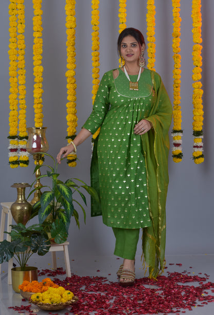 Banarasi Jari Butta Kurta Pant dupatta- Green