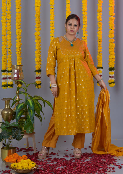 Banarasi Jari Butta Kurta Pant Dupatta- Mustard Yellow