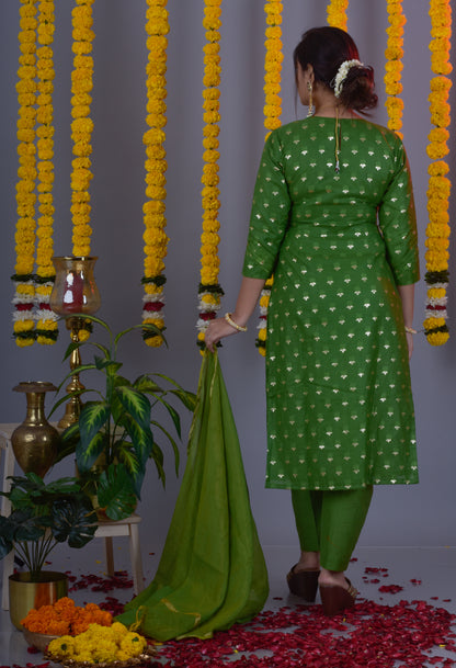 Banarasi Jari Butta Kurta Pant dupatta- Green