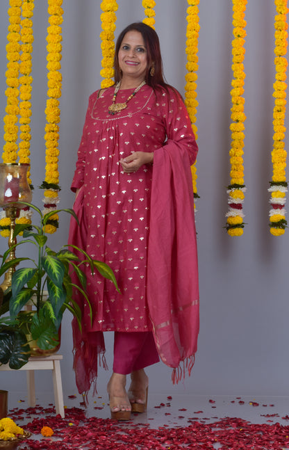 Banarasi Jari Butta Kurta Pant dupatta- Pink mulberry