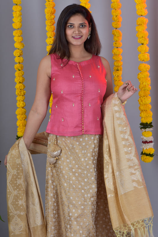 Tussar Silk Top And Lehenga