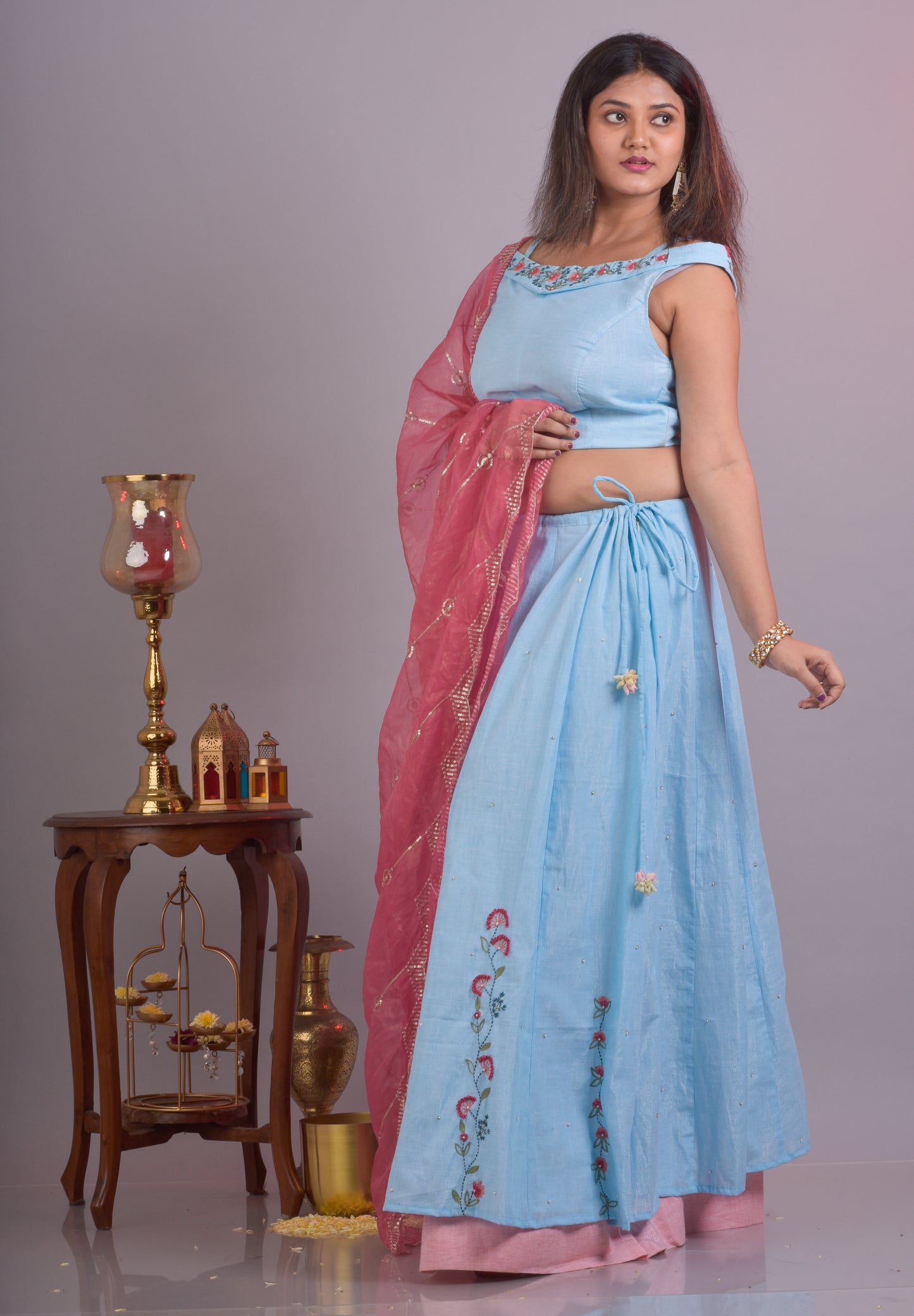 Sky Blue Kali Dar Lehenga And Top