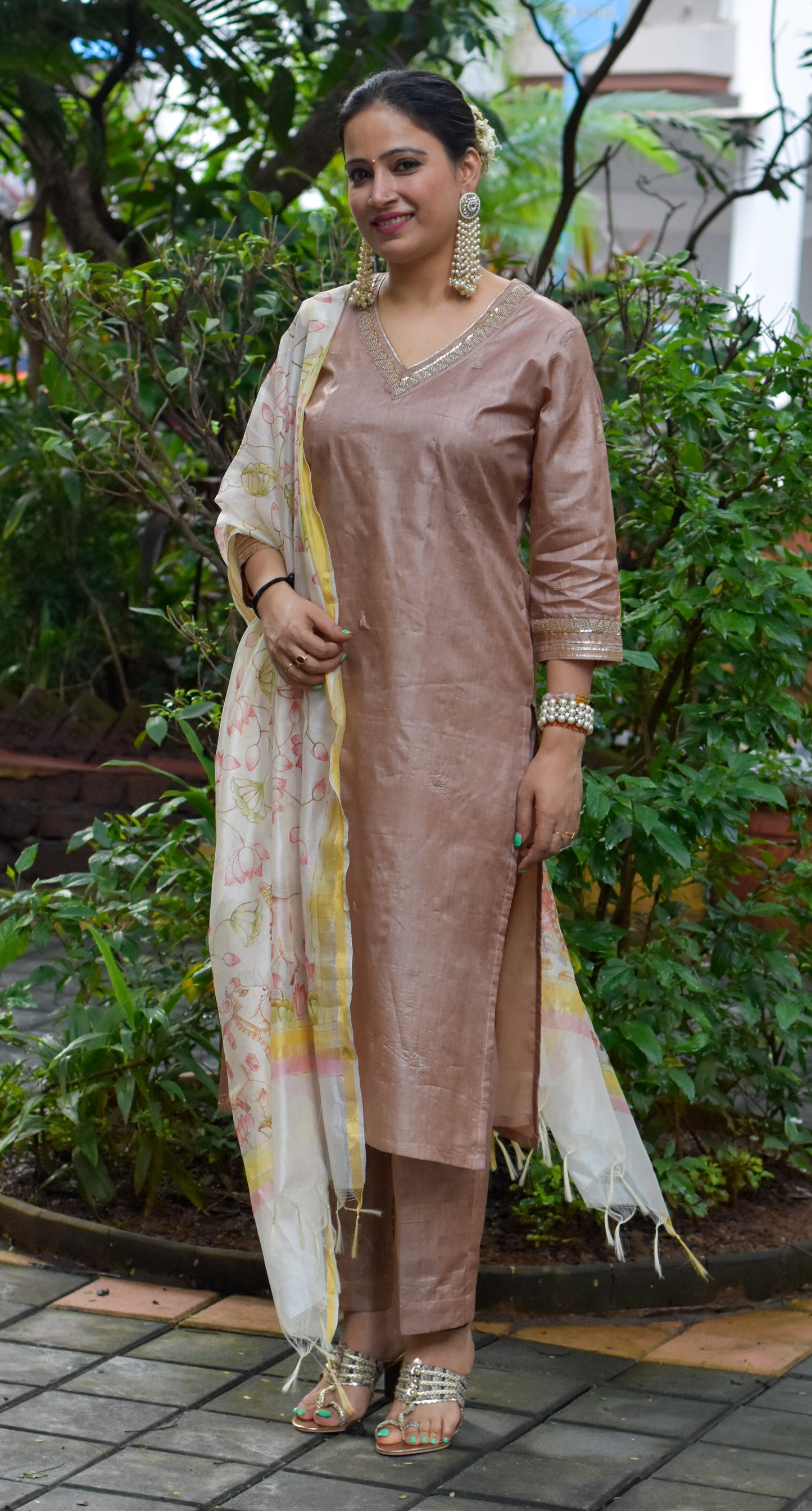 Tussar silk Champagne Embroidered Kurta