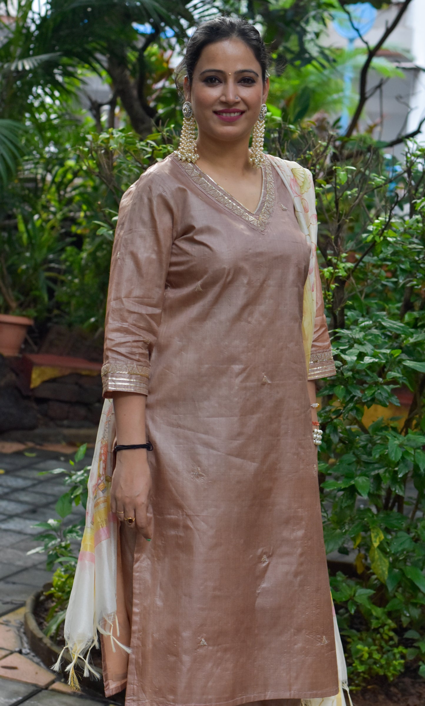 Tussar silk Champagne Embroidered Kurta