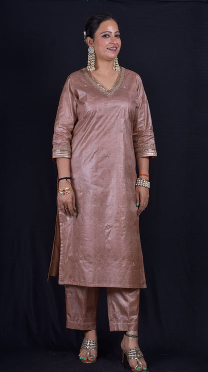 Tussar silk Champagne Embroidered Kurta