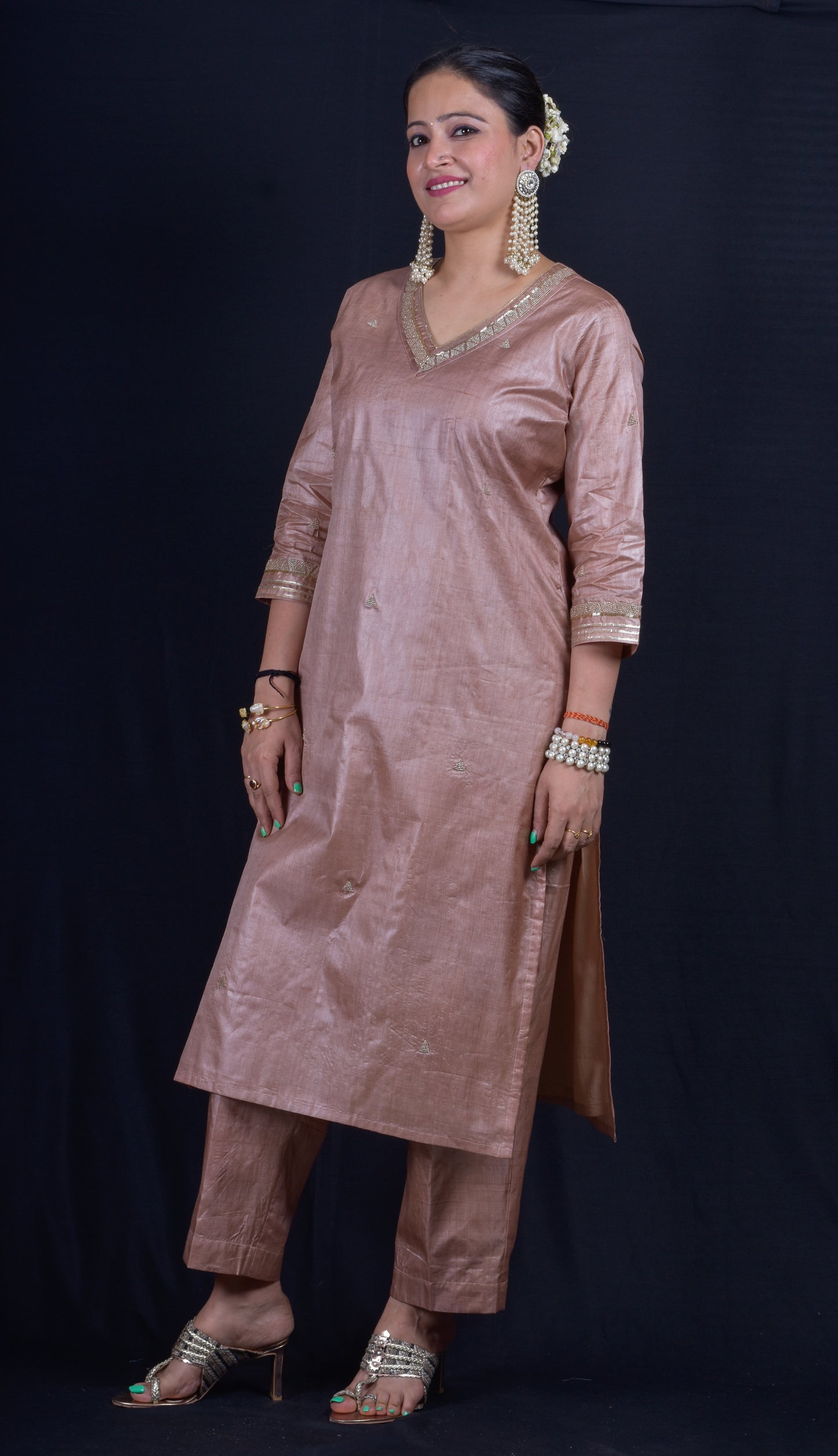 Tussar silk Champagne Embroidered Kurta