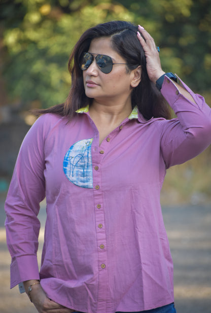 Giraffe Patch Work Embroidered Shirt -Purpule