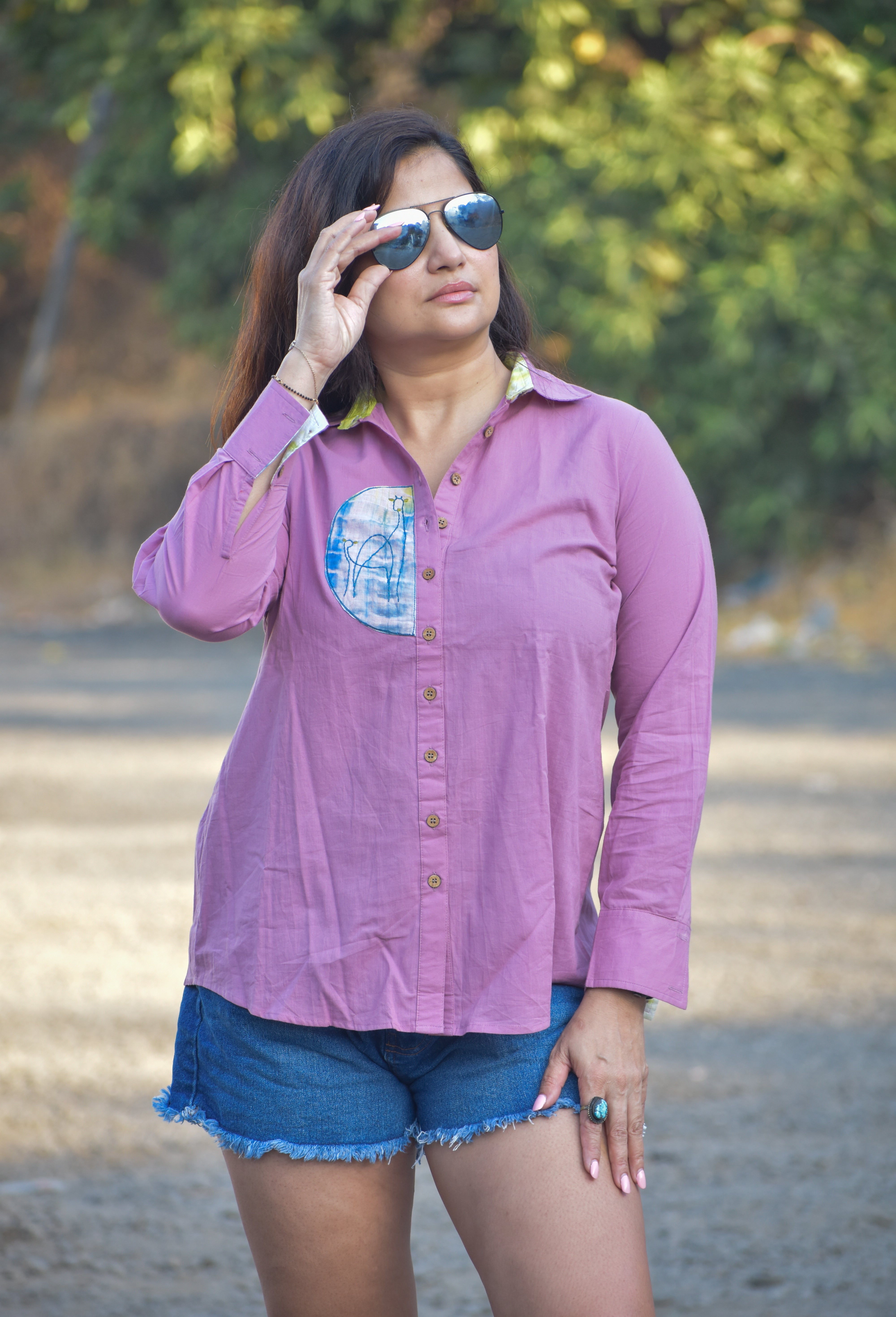 Giraffe Patch Work Embroidered Shirt -Purpule