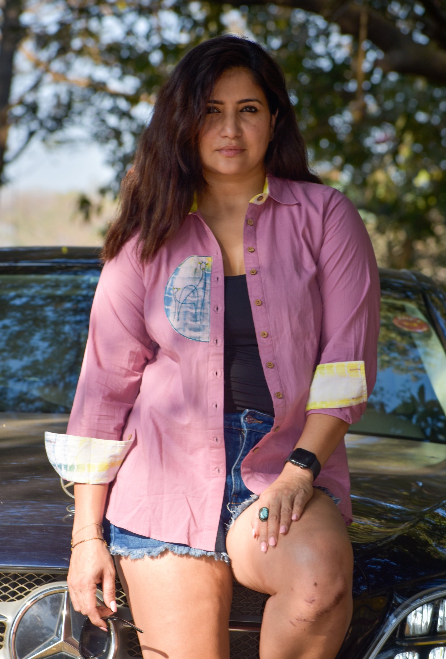 Giraffe Patch Work Embroidered Shirt -Purpule