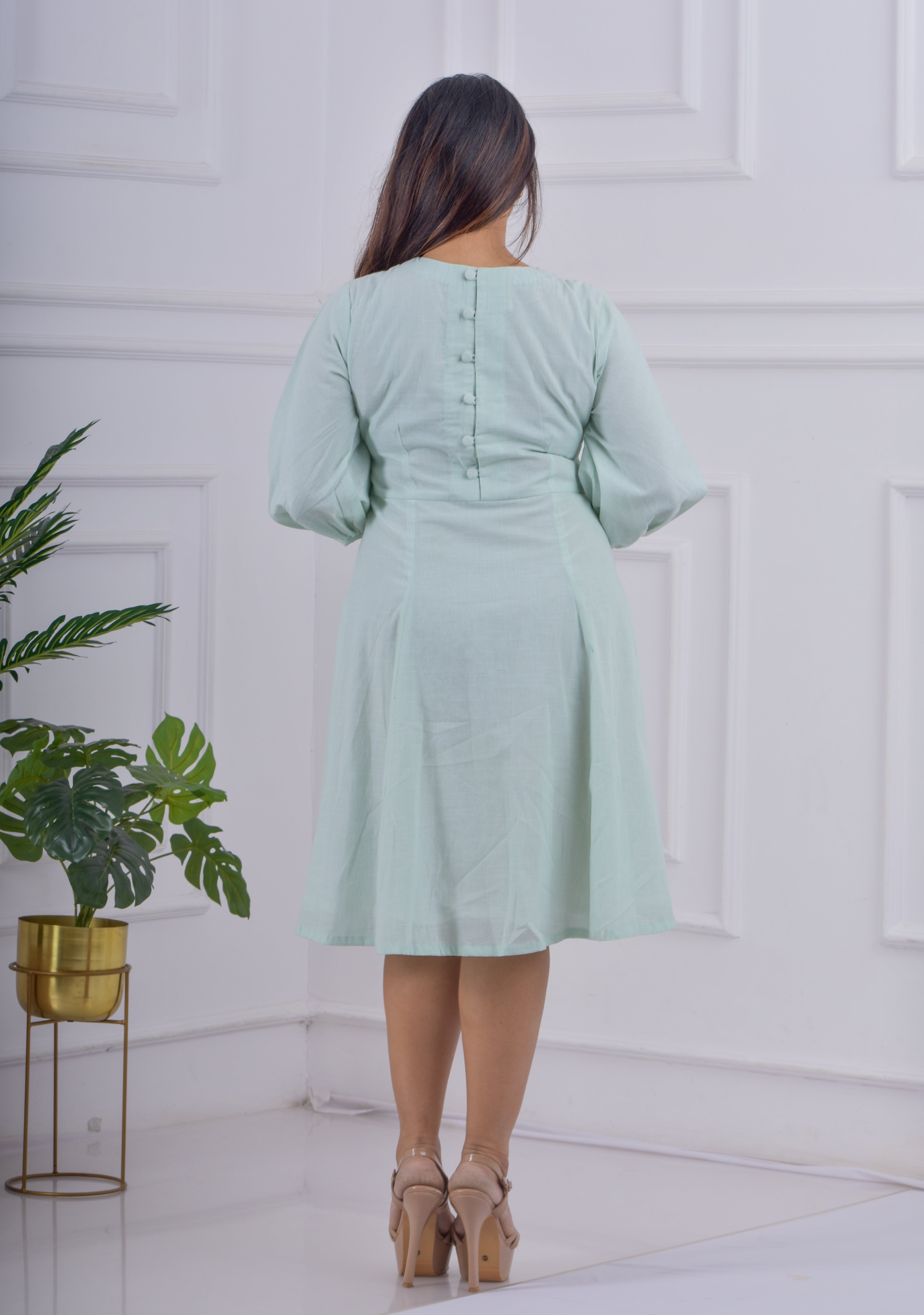Back Button Empire Cut Dress- pista green