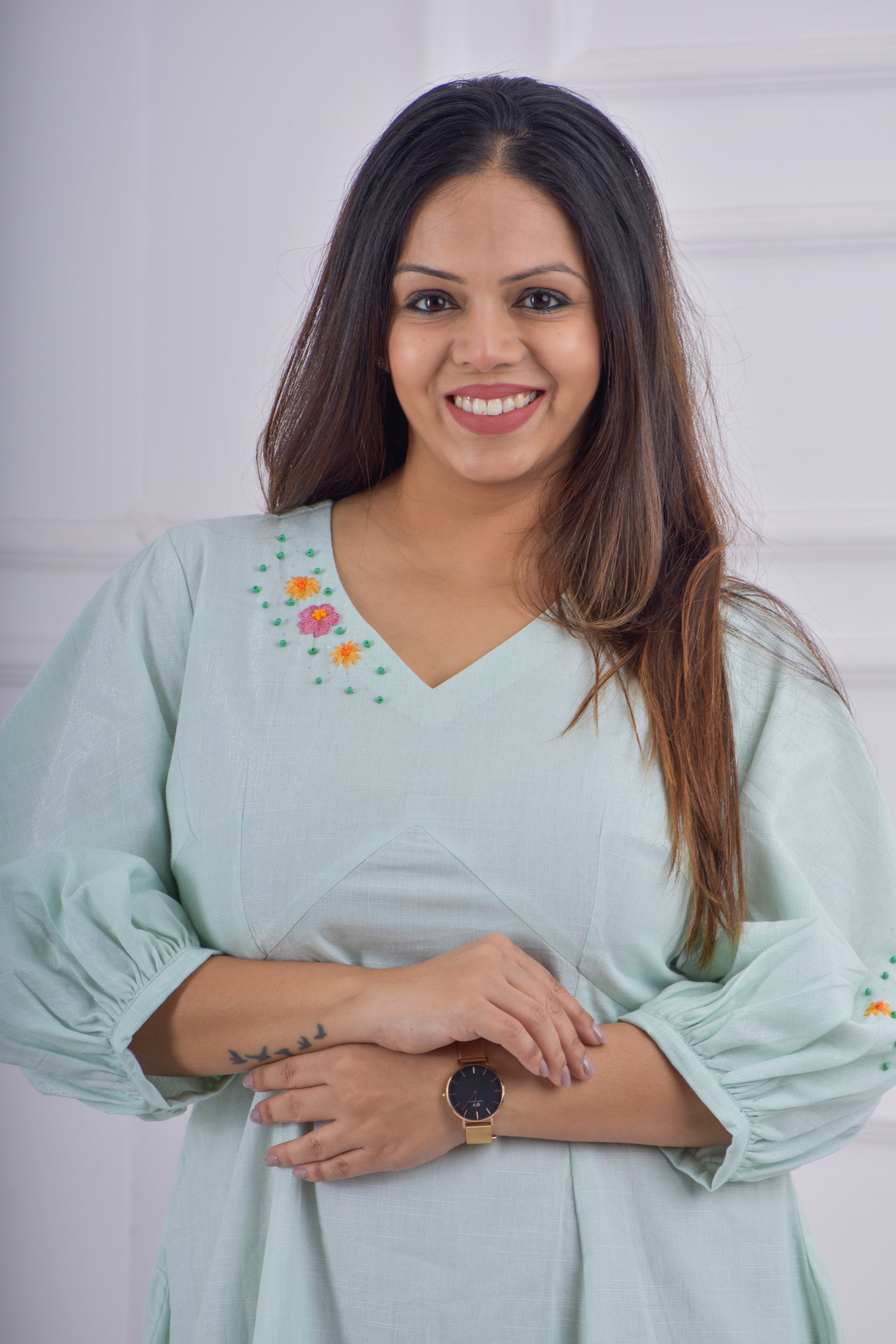 Back Button Empire Cut Dress- pista green