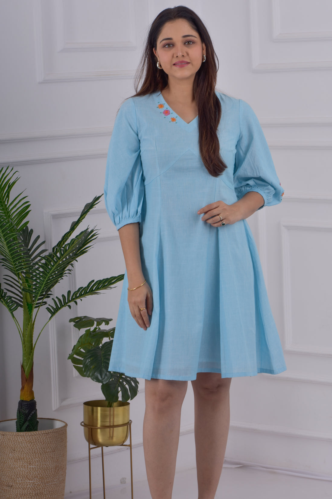 Back Button Empire Cut Dress -Blue
