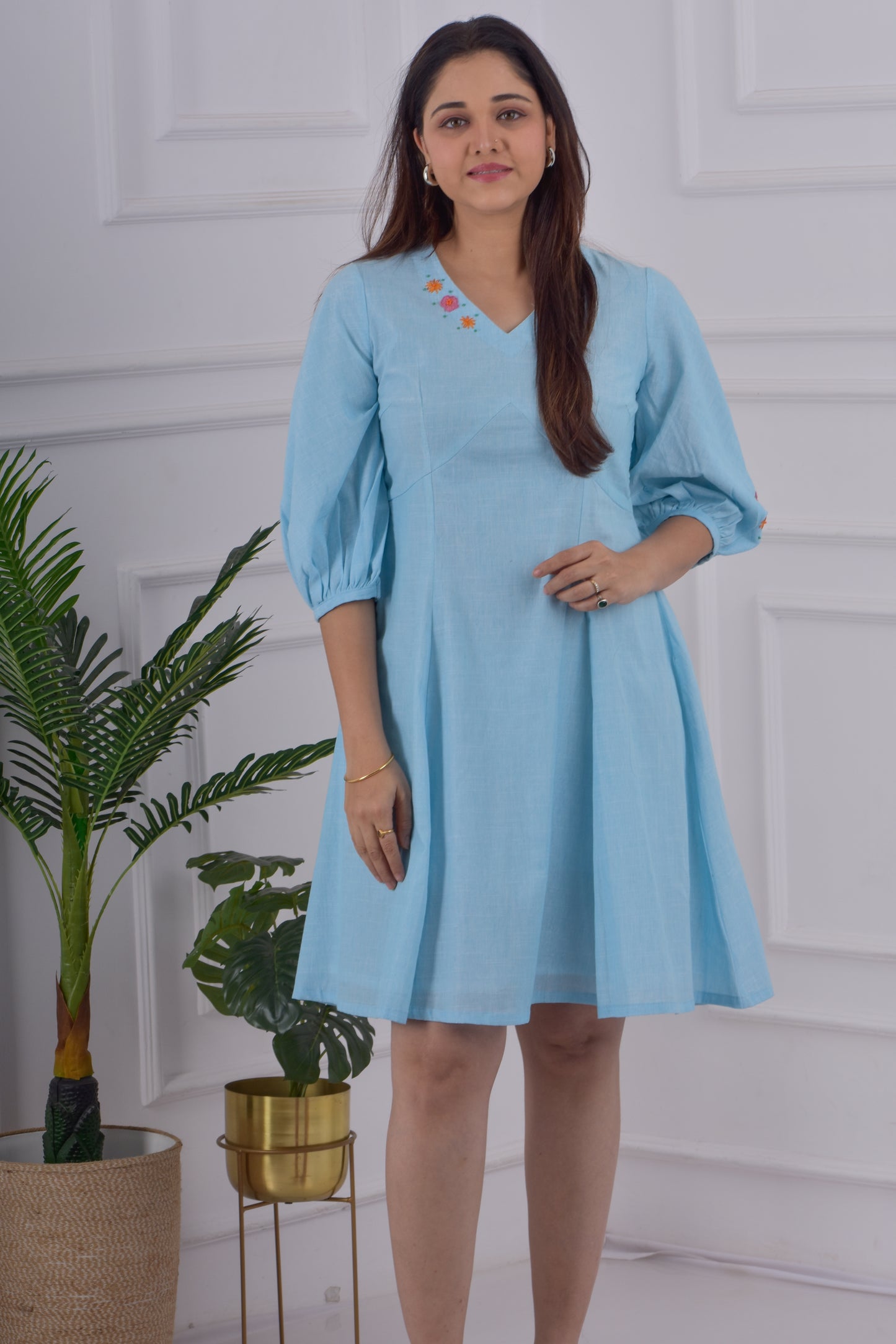 Back Button Empire Cut Dress -Blue