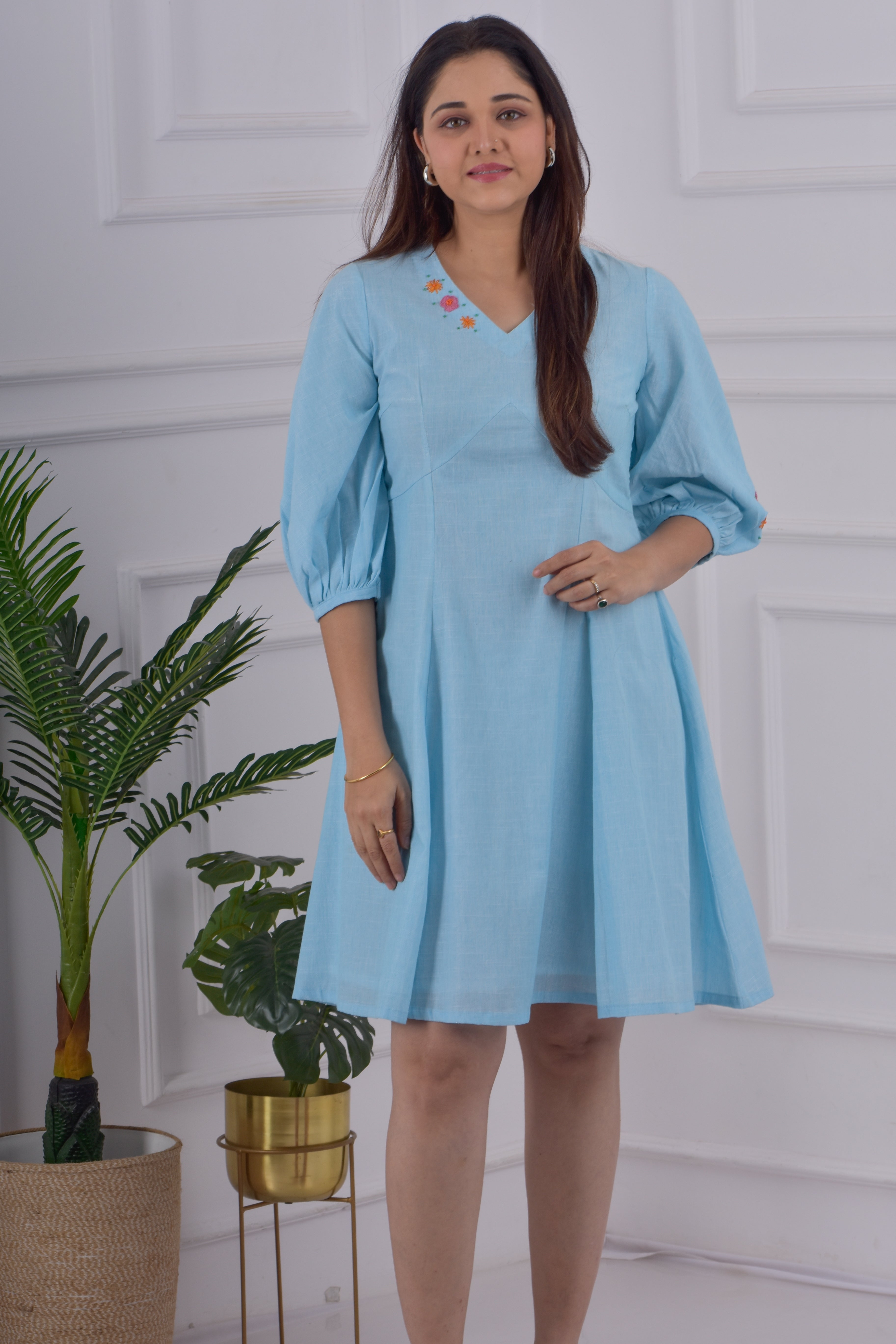 Back Button Empire Cut Dress -Blue
