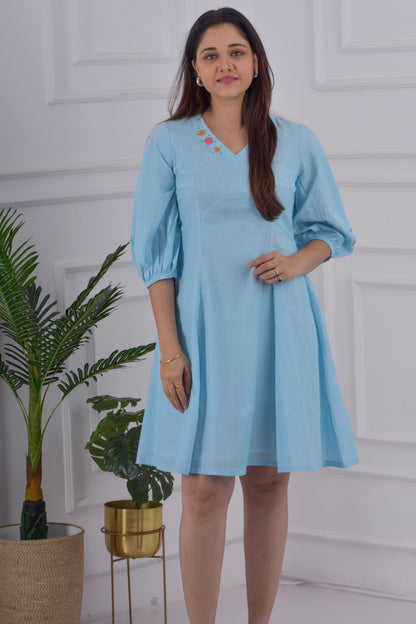 Back Button Empire Cut Dress -Blue