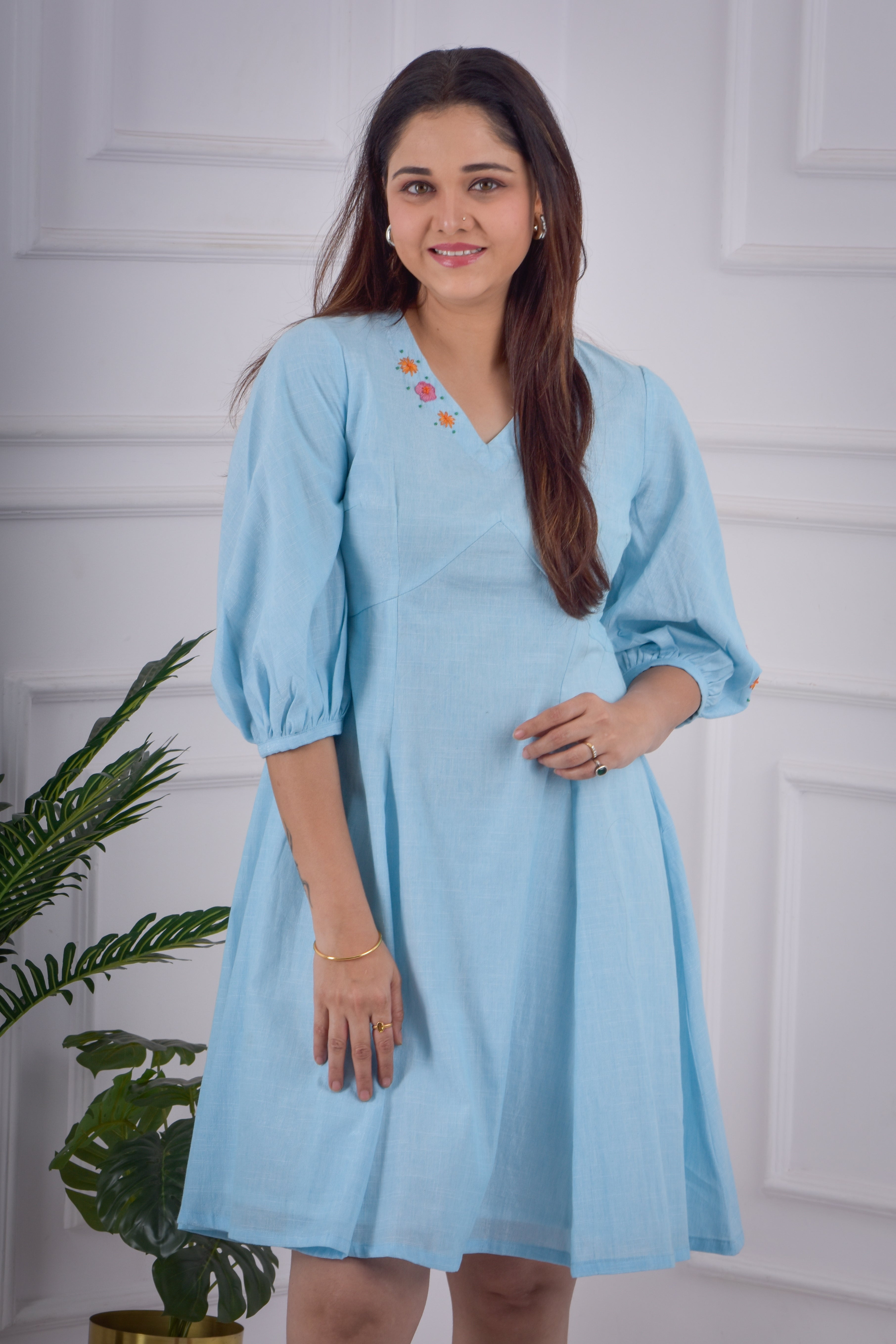 Back Button Empire Cut Dress -Blue