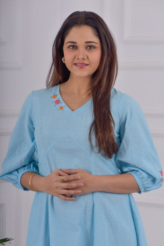 Back Button Empire Cut Dress -Blue
